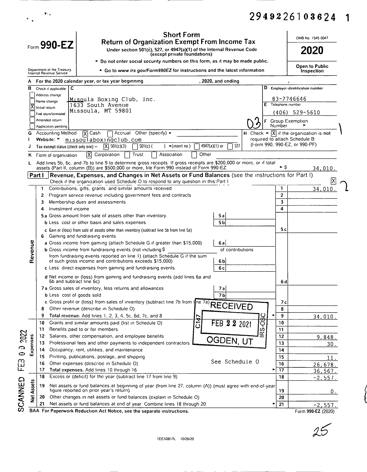 Image of first page of 2020 Form 990EZ for Missoula Boxing Club