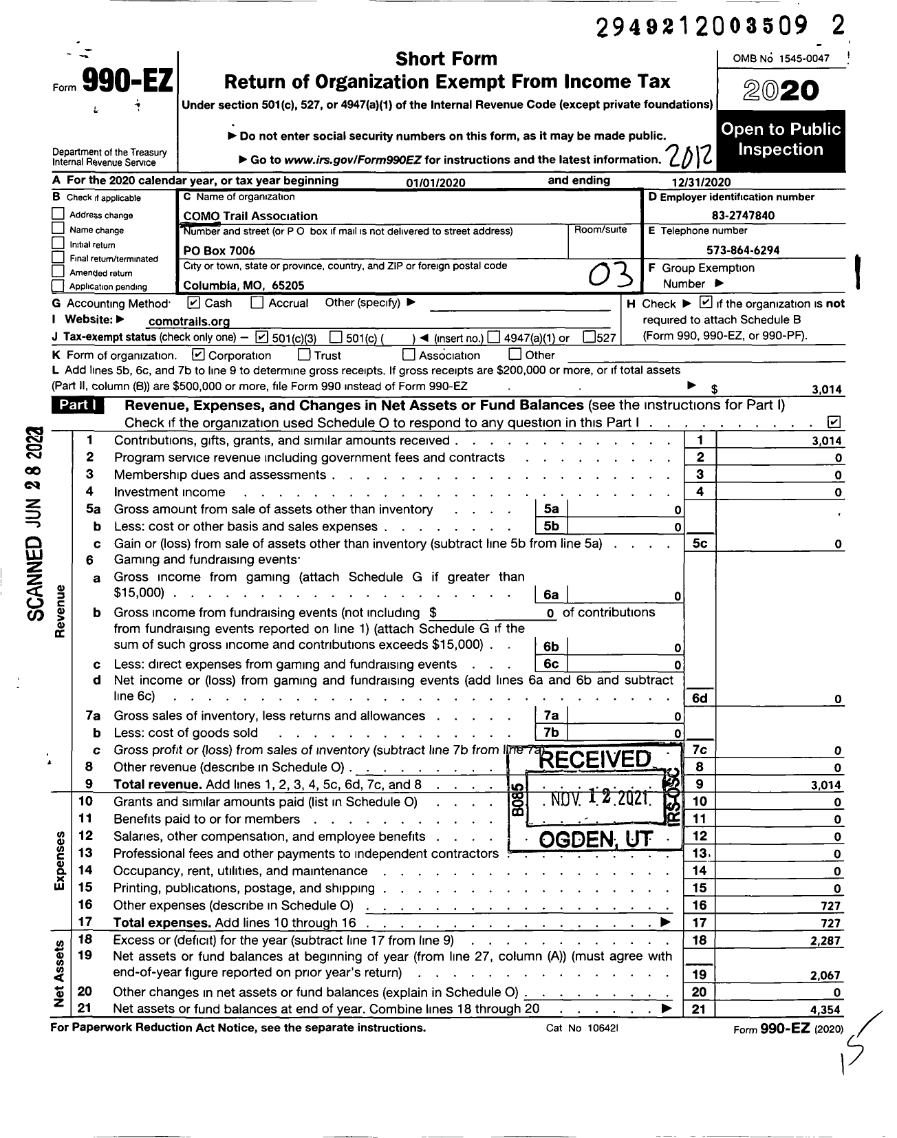 Image of first page of 2020 Form 990EZ for Como Trail Association