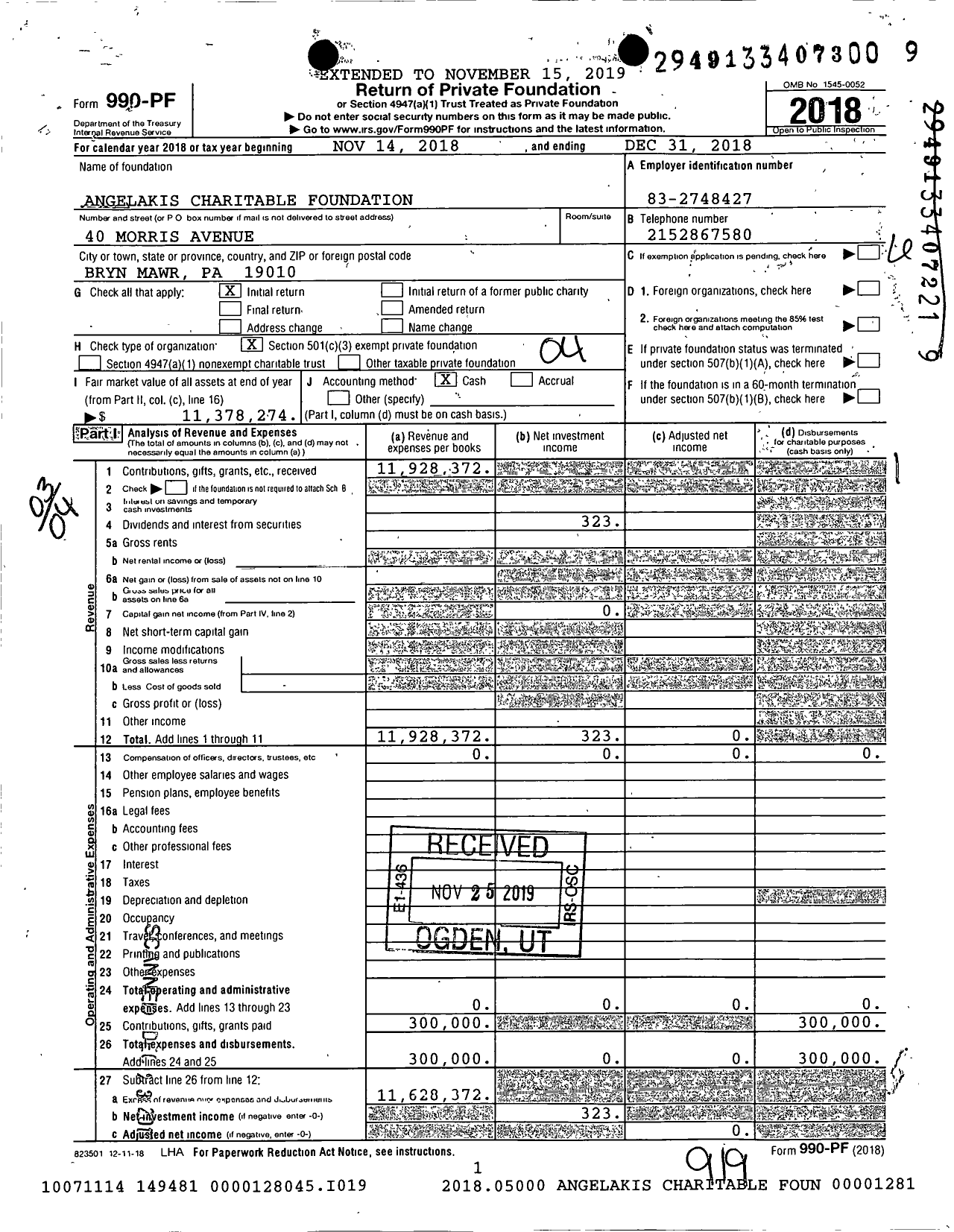 Image of first page of 2018 Form 990PF for Angelakis Charitable Foundation