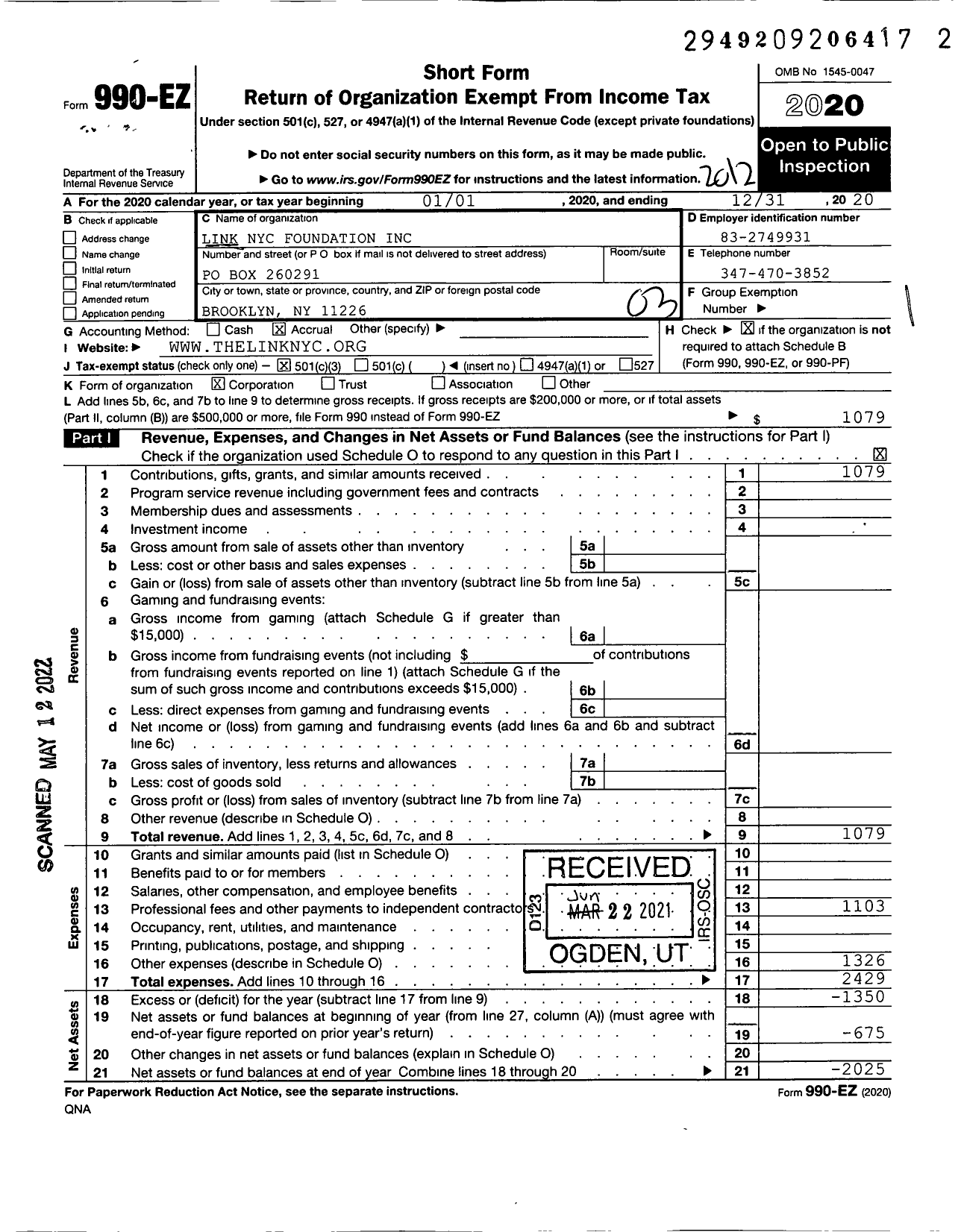 Image of first page of 2020 Form 990EZ for Link Nyc Foundation