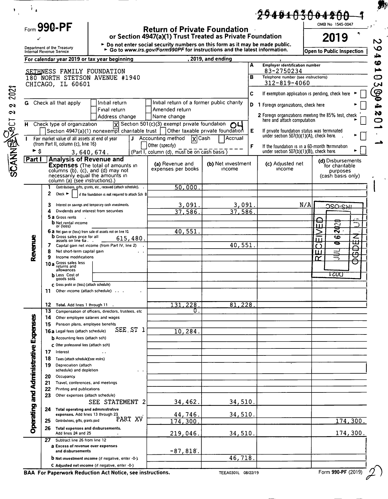 Image of first page of 2019 Form 990PF for Sethness Family Foundation