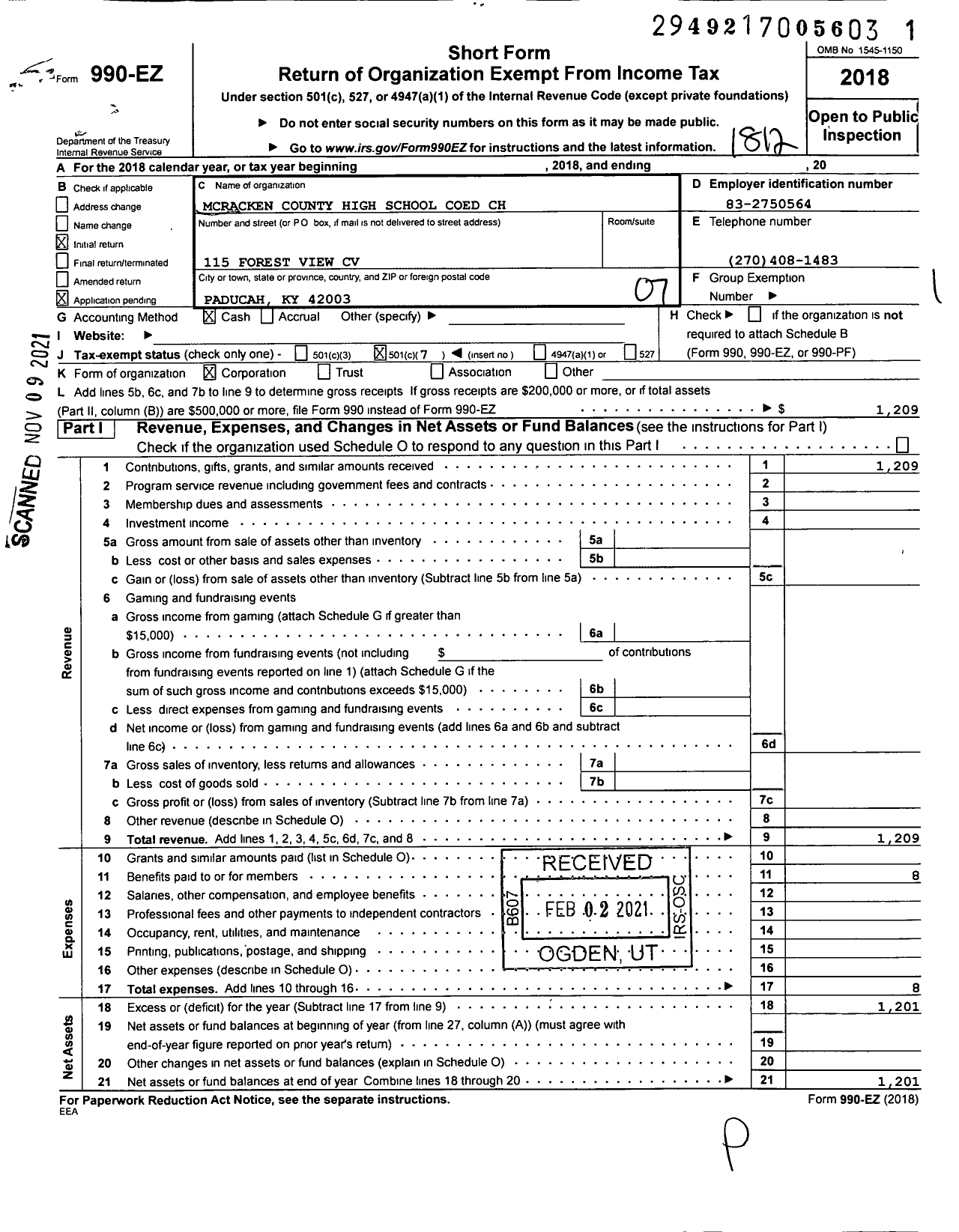 Image of first page of 2018 Form 990EO for Mccracken County High School Coed CH