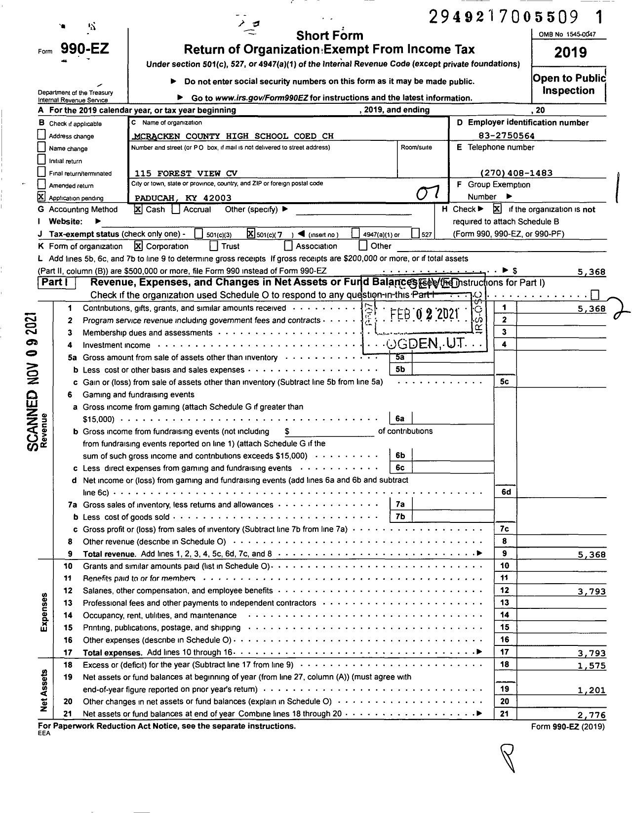 Image of first page of 2019 Form 990EO for Mccracken County High School Coed CH