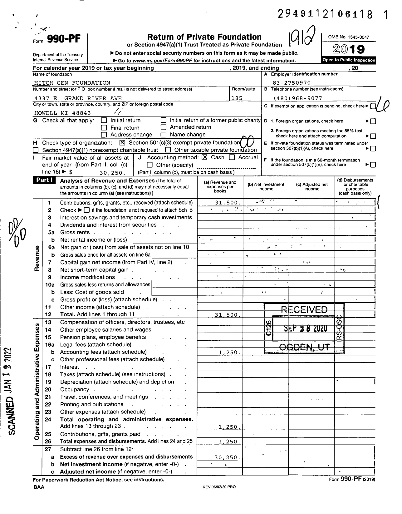 Image of first page of 2019 Form 990PF for Hitch Gen Foundation