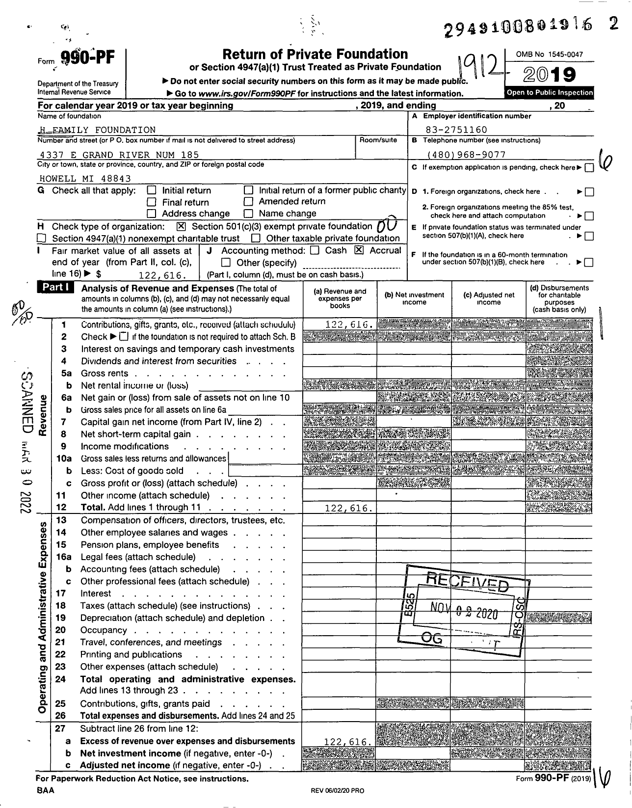 Image of first page of 2019 Form 990PF for H Family Foundation