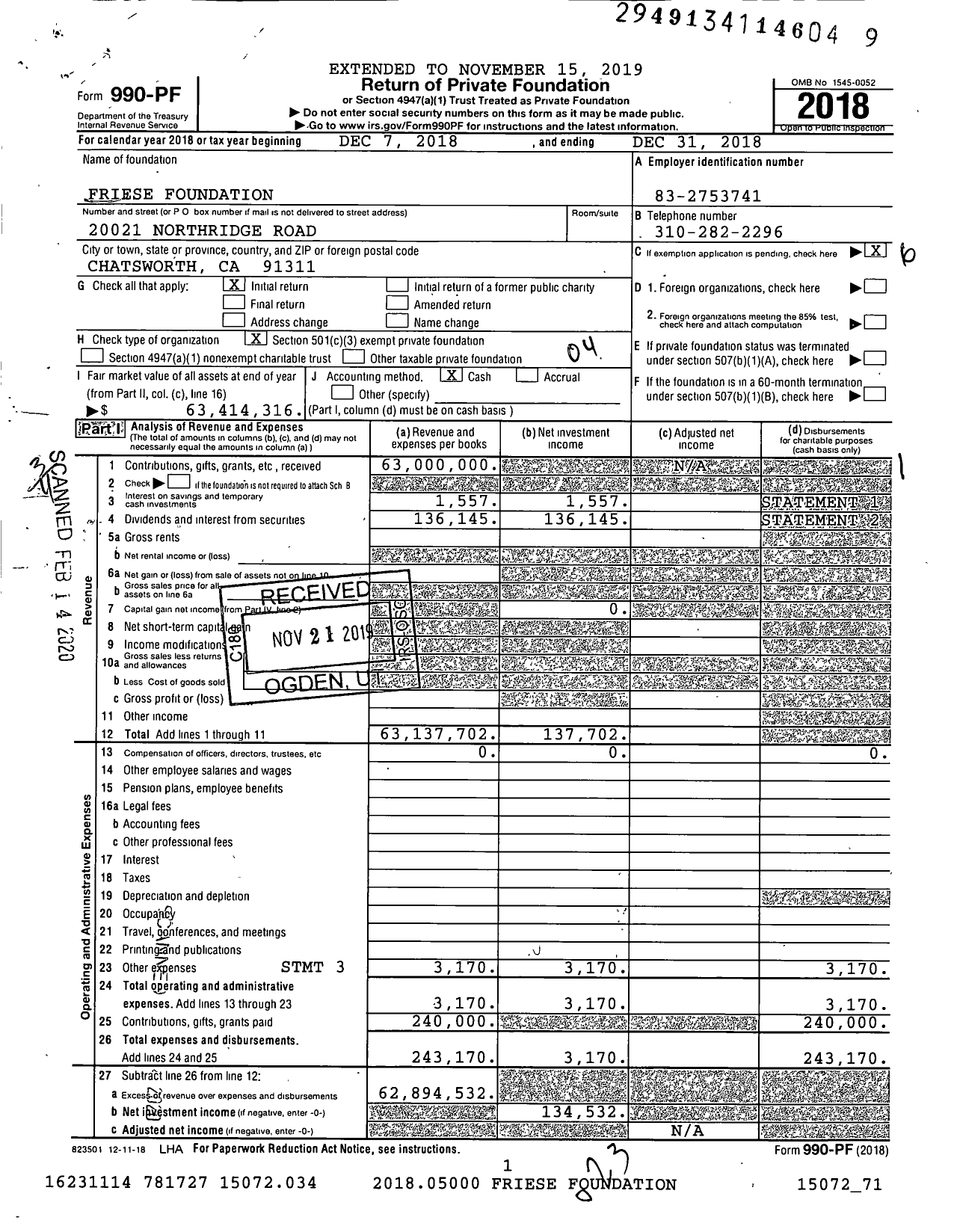 Image of first page of 2018 Form 990PF for Friese Foundation