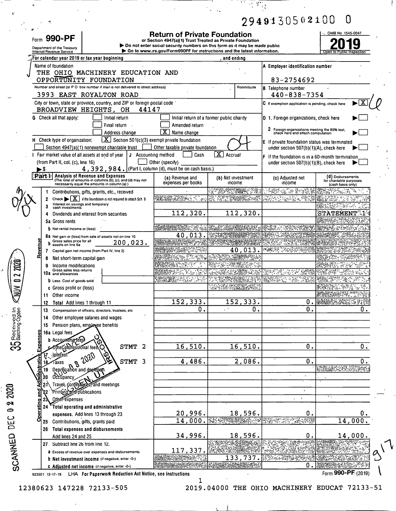Image of first page of 2019 Form 990PF for The Ohio Machinery Education and Opportunity Foundation