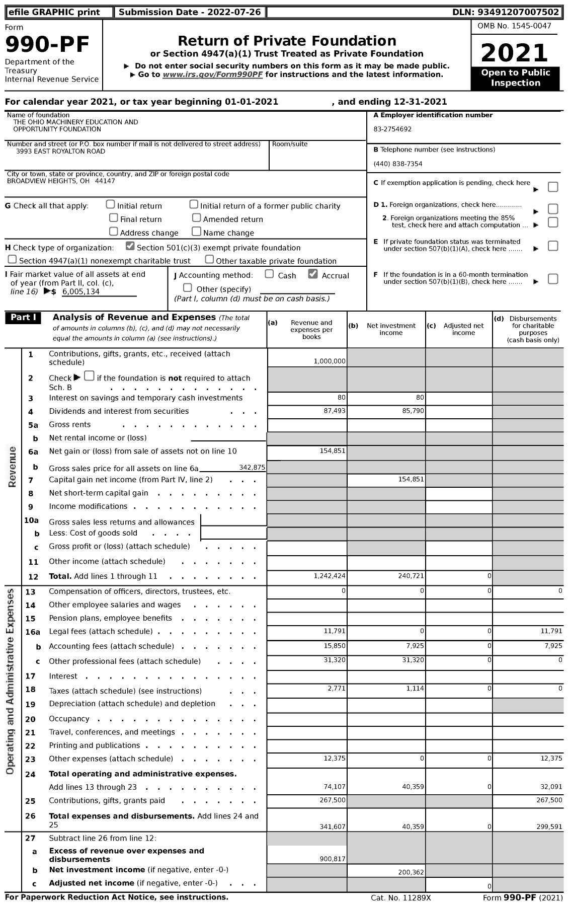 Image of first page of 2021 Form 990PF for The Ohio Machinery Education and Opportunity Foundation