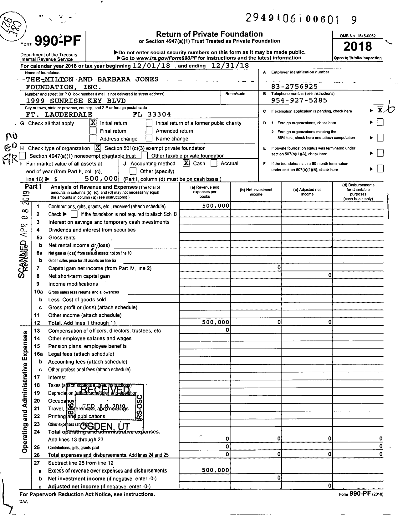 Image of first page of 2018 Form 990PF for The Milton and Barbara Jones Foundation