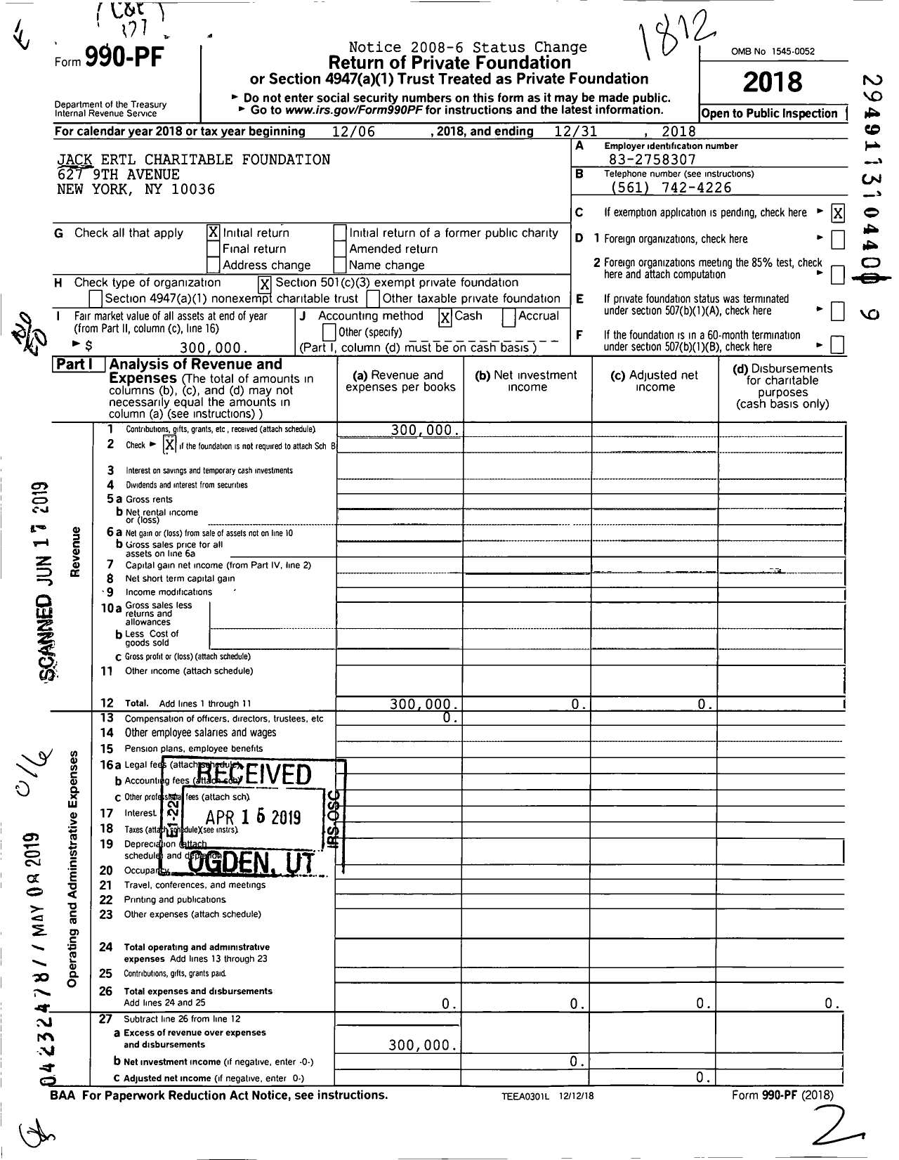 Image of first page of 2018 Form 990PF for Jack Ertl Charitable Foundation