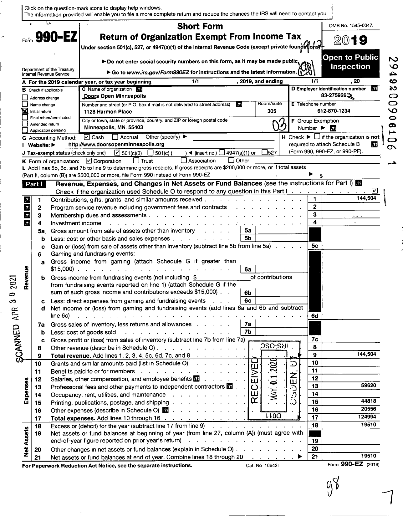 Image of first page of 2019 Form 990EZ for Doors Open Minneapolis