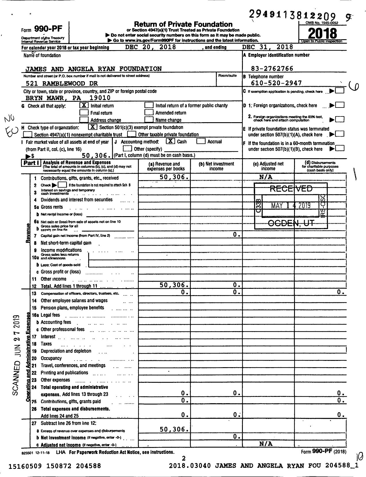Image of first page of 2018 Form 990PF for James and Angela Ryan Foundation