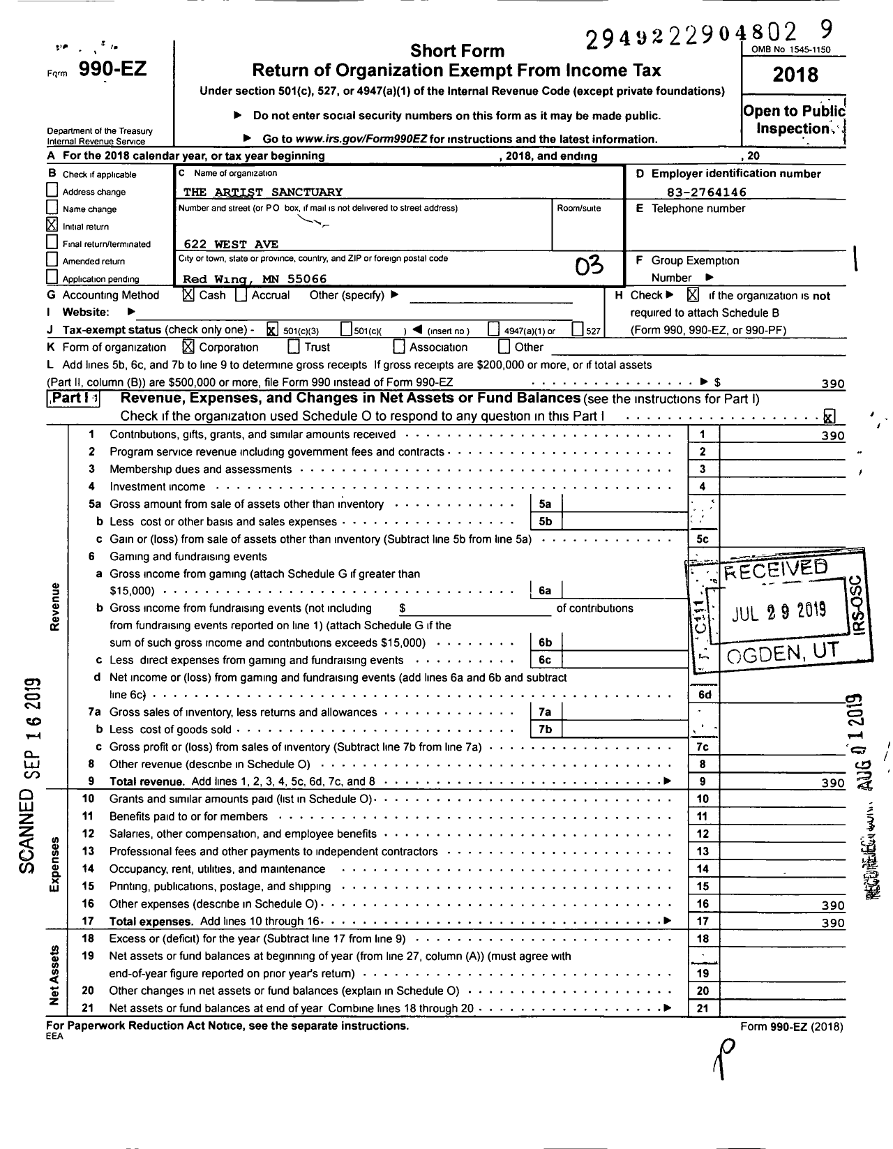 Image of first page of 2018 Form 990EZ for The Artist Sanctuary