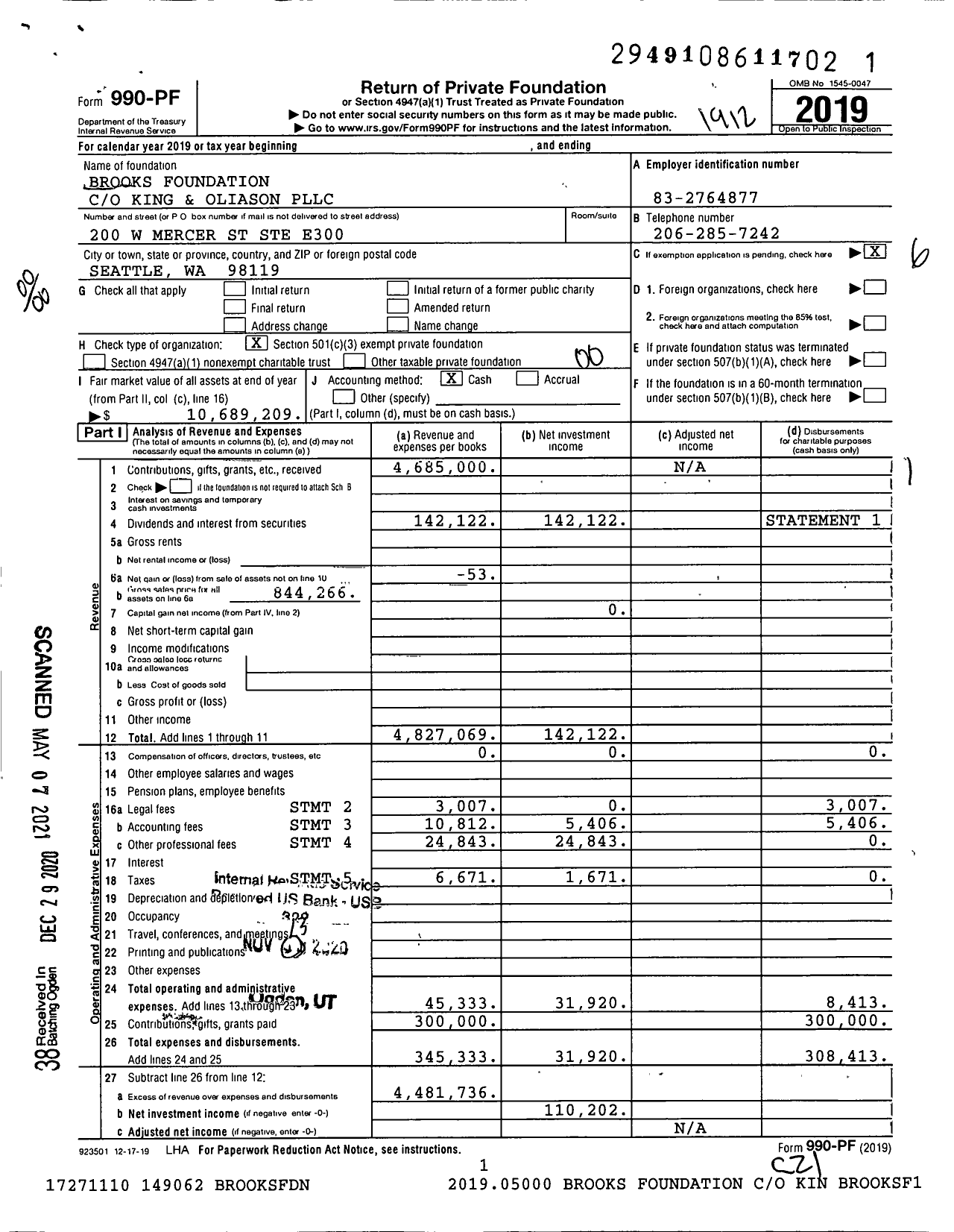 Image of first page of 2019 Form 990PF for Brooks Foundation