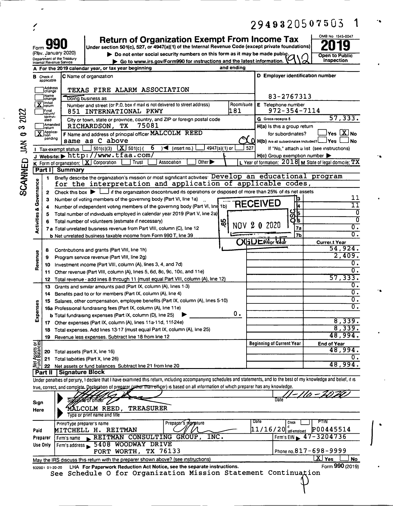 Image of first page of 2019 Form 990O for Texas Fire Alarm Association