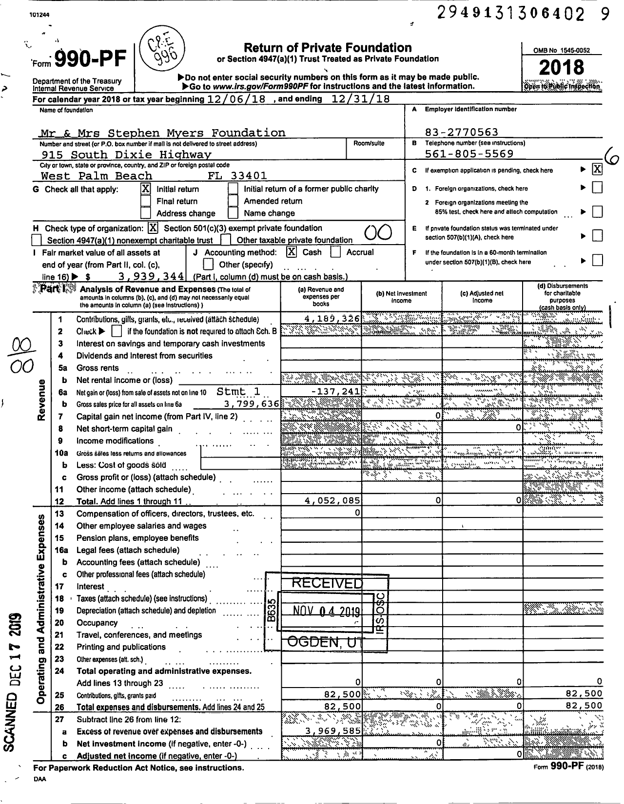 Image of first page of 2018 Form 990PF for Mr and MRS Stephen Myers Foundation