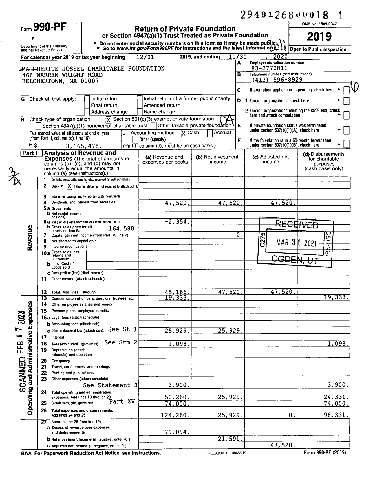 Image of first page of 2019 Form 990PF for Marguerite Jossel Charitable Foundation