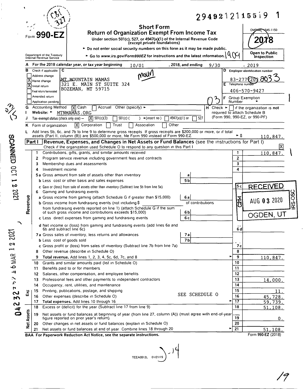 Image of first page of 2018 Form 990EZ for MT Mountain Mamas