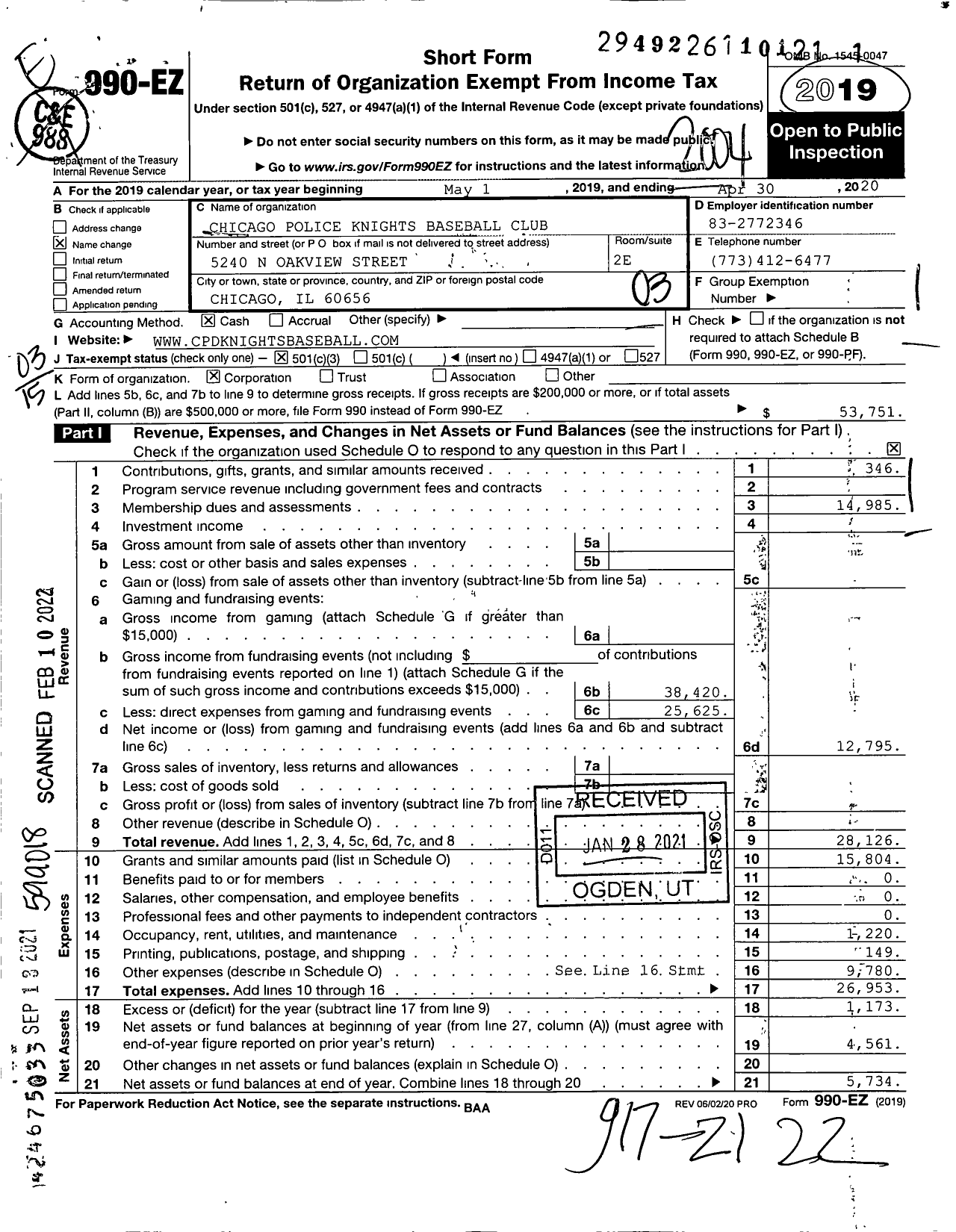 Image of first page of 2019 Form 990EZ for Chicago Police Knights Baseball Club