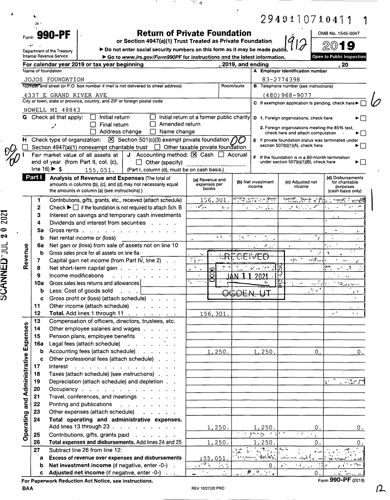 Image of first page of 2019 Form 990PF for Jojos Foundation