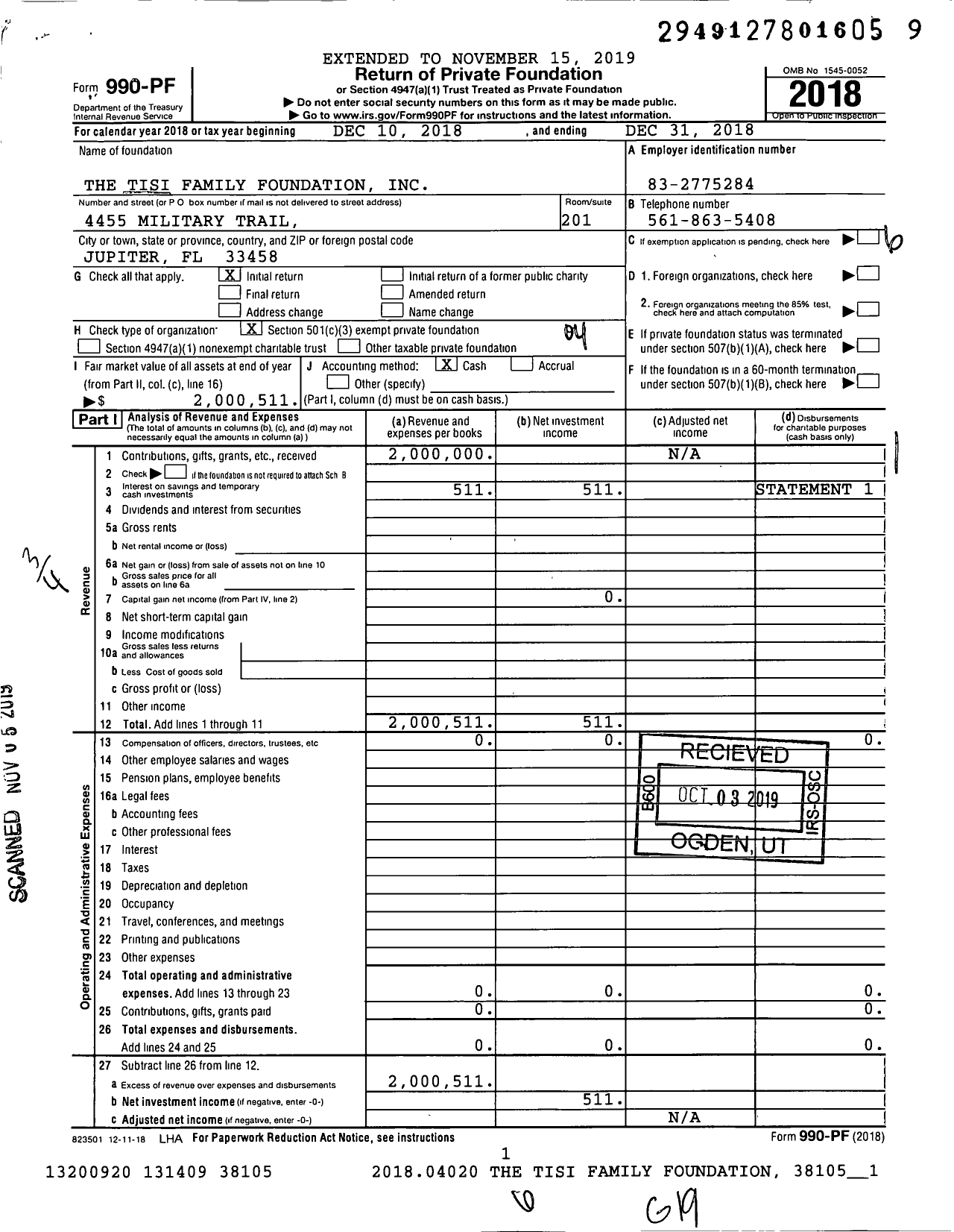 Image of first page of 2018 Form 990PF for The Tisi Family Foundation