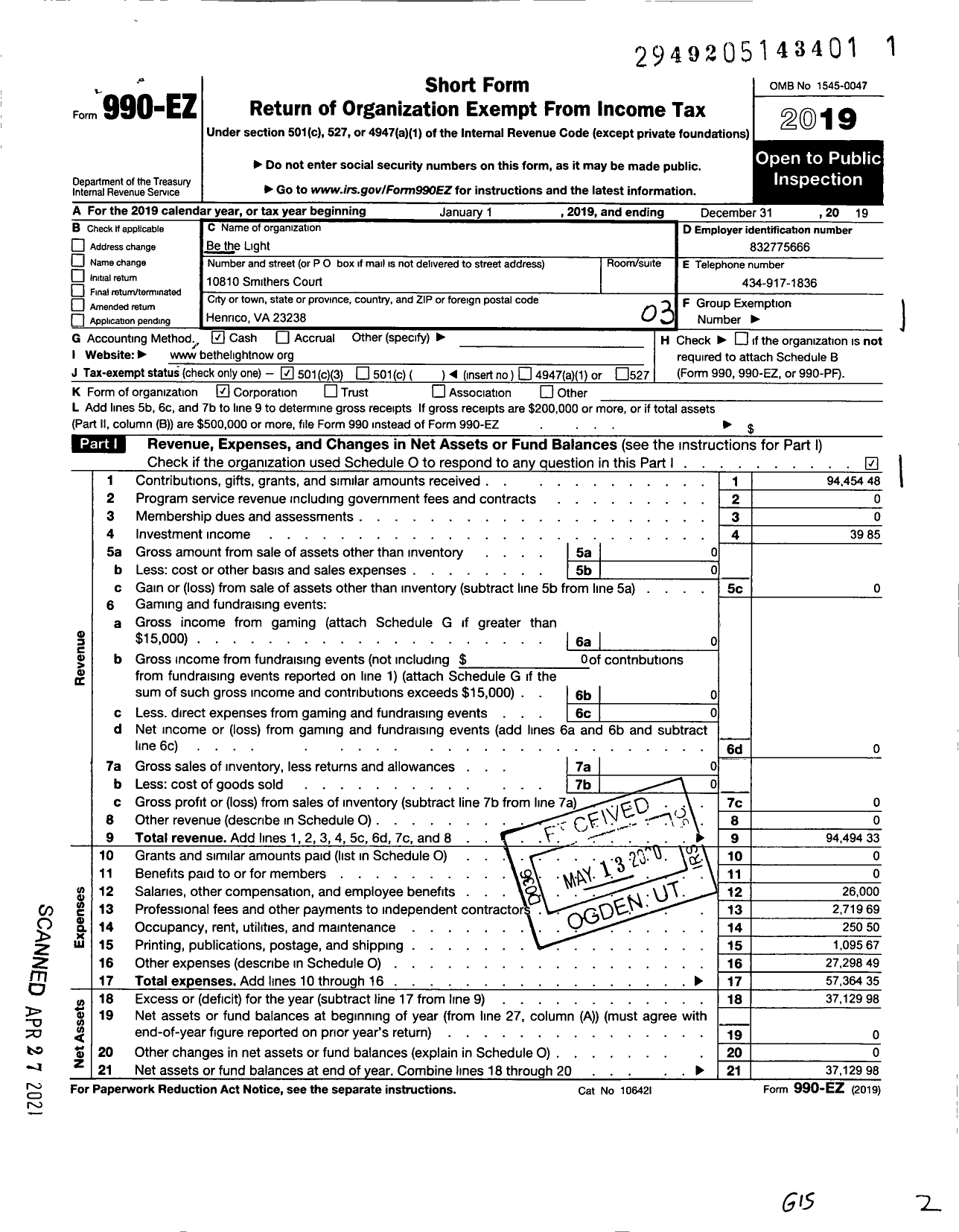 Image of first page of 2019 Form 990EZ for Be the Light