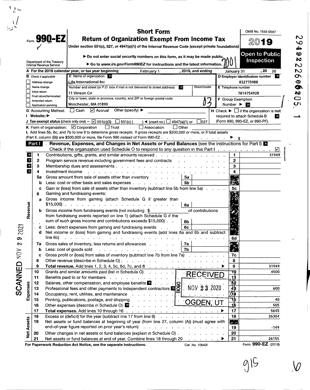 Image of first page of 2019 Form 990EZ for Life International