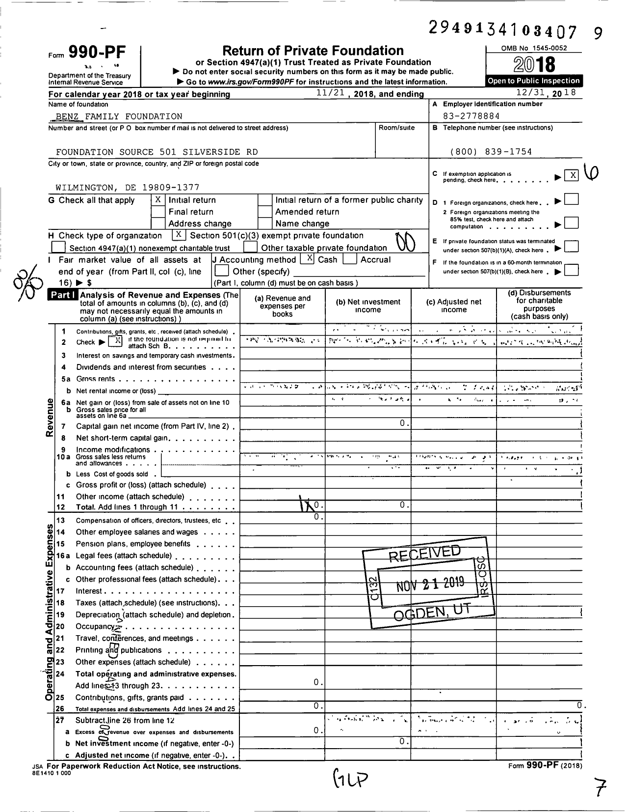 Image of first page of 2018 Form 990PF for Benz Family Foundation