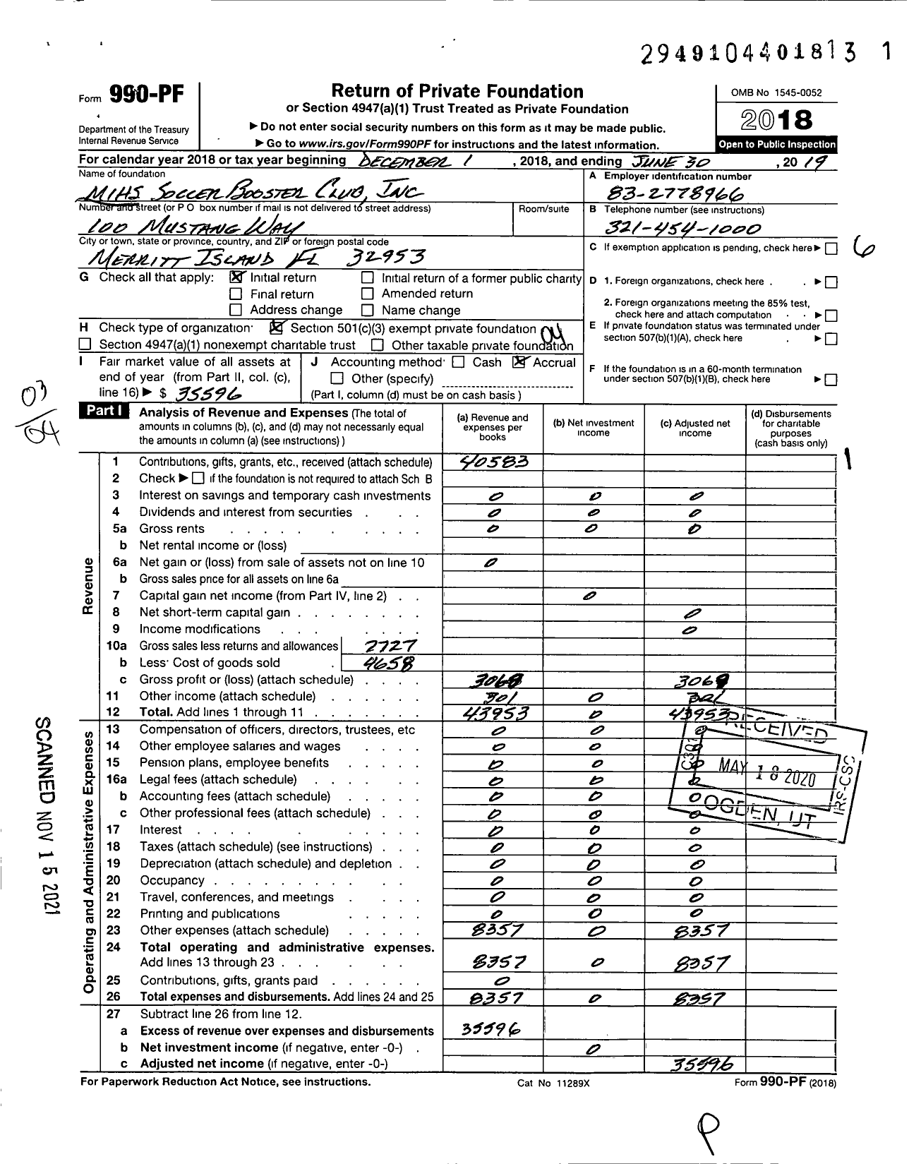 Image of first page of 2018 Form 990PF for MIHS Soccer Booster Club