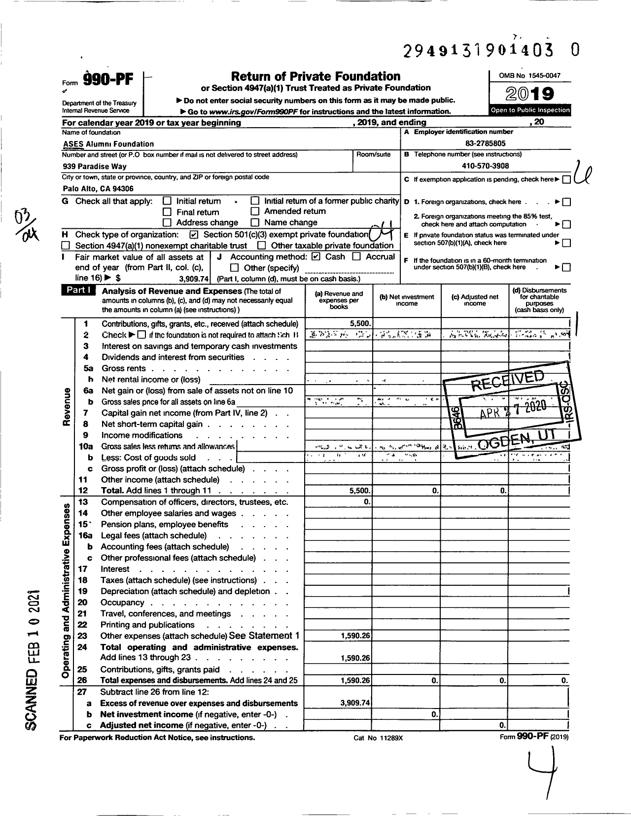 Image of first page of 2019 Form 990PF for Ases Alumni Foundation