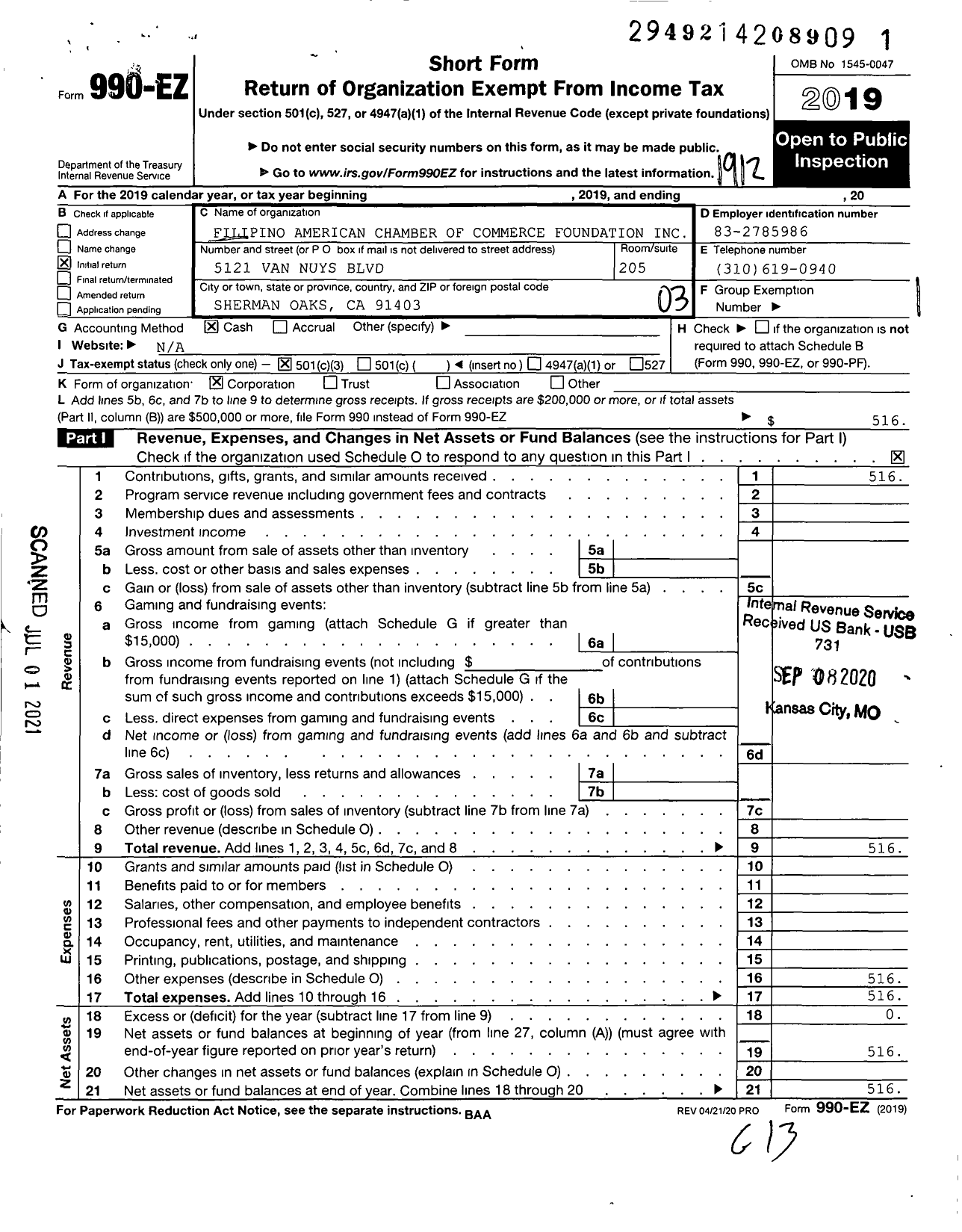 Image of first page of 2019 Form 990EZ for Filipino American Chamber of Commerce Foundation