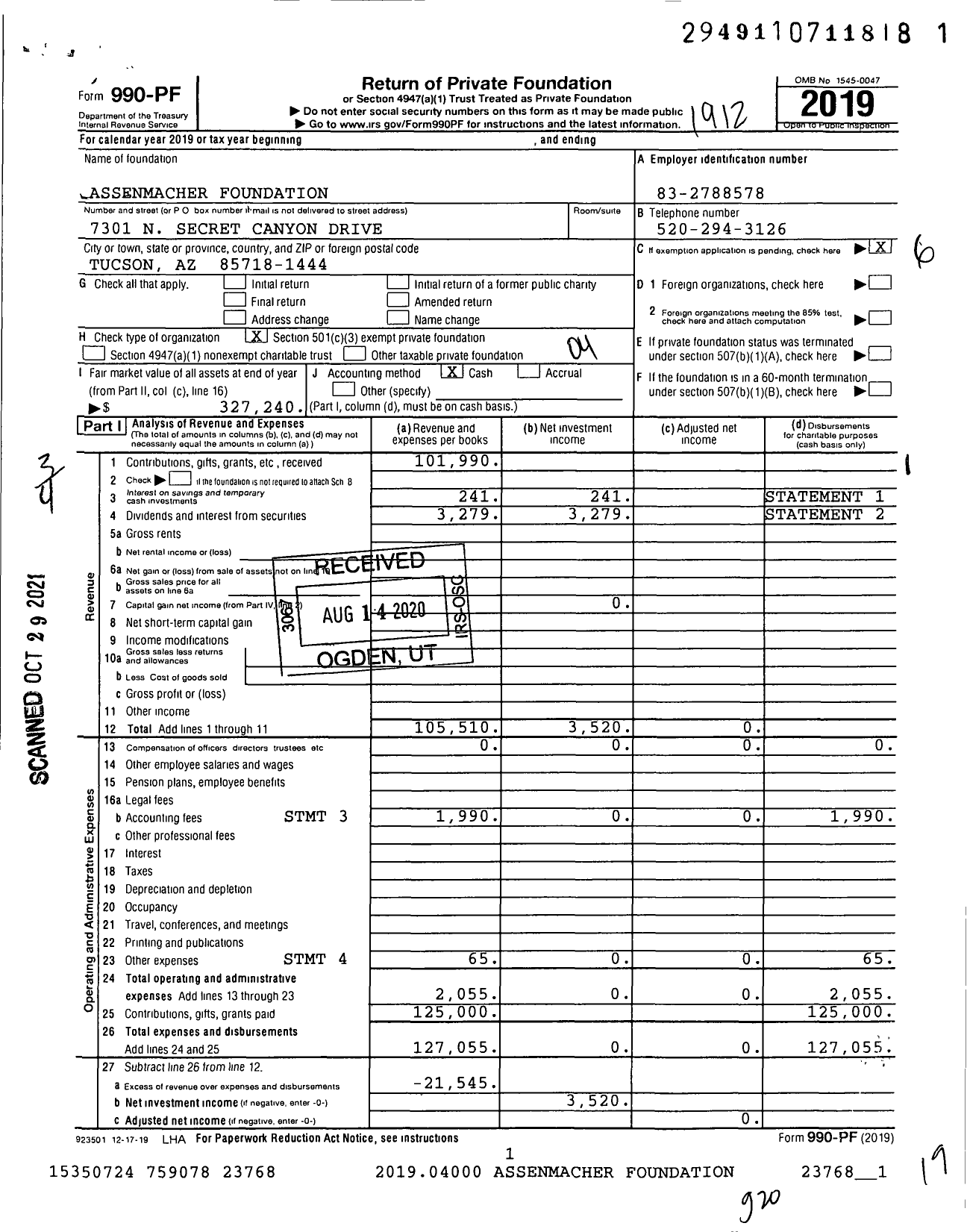 Image of first page of 2019 Form 990PF for Assenmacher Foundation