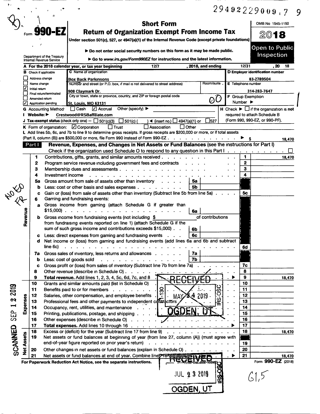 Image of first page of 2018 Form 990EO for Box Back Parkinsons Rock Steady Boxing