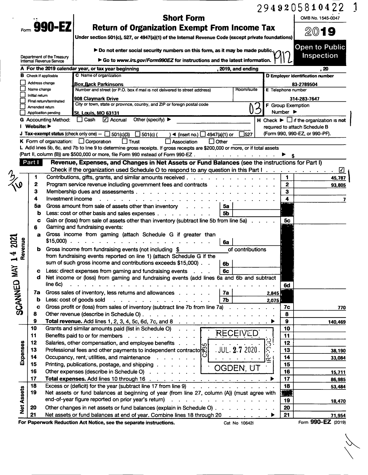 Image of first page of 2019 Form 990EZ for Box Back Parkinsons Rock Steady Boxing