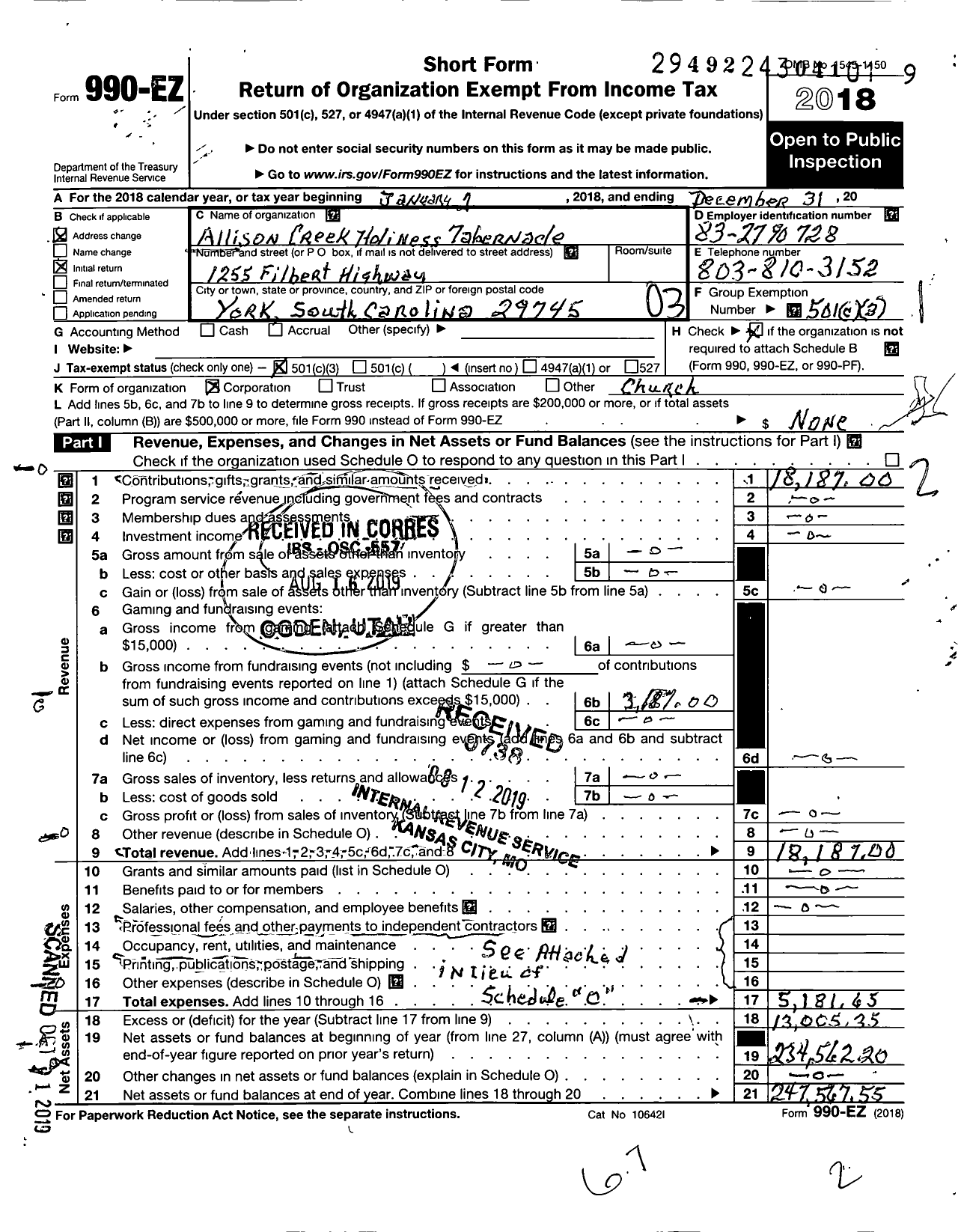 Image of first page of 2018 Form 990EZ for Allison Creek Holiness Tabernacle