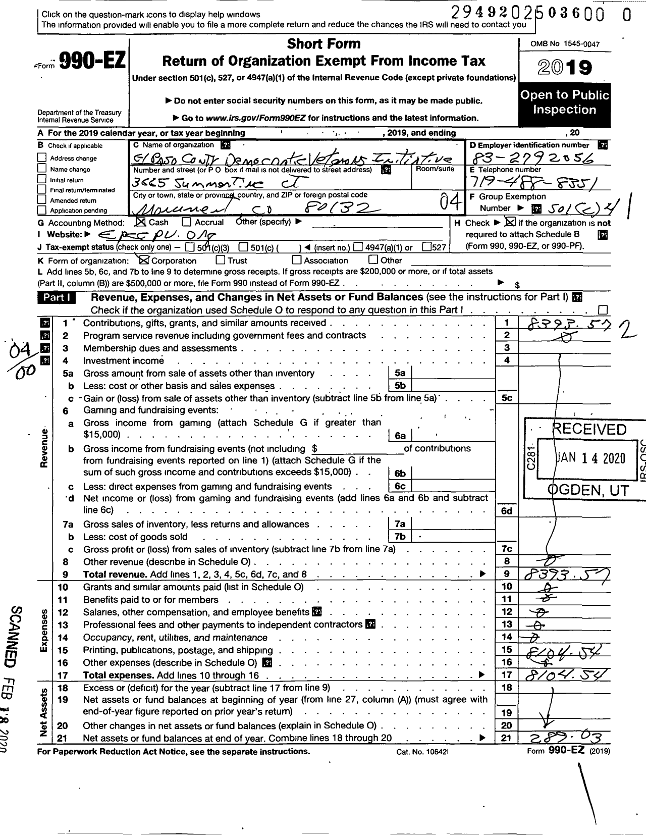 Image of first page of 2019 Form 990EO for El Paso County Democratic Veterans Initiative (EPCDVI)