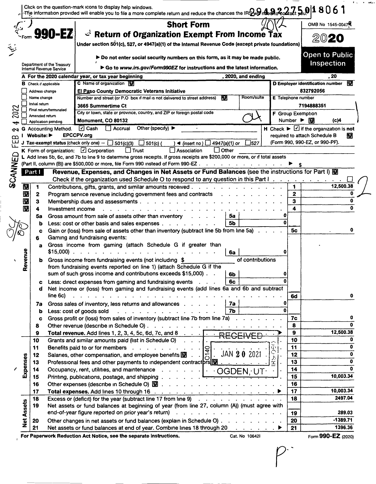 Image of first page of 2020 Form 990EO for El Paso County Democratic Veterans Initiative (EPCDVI)