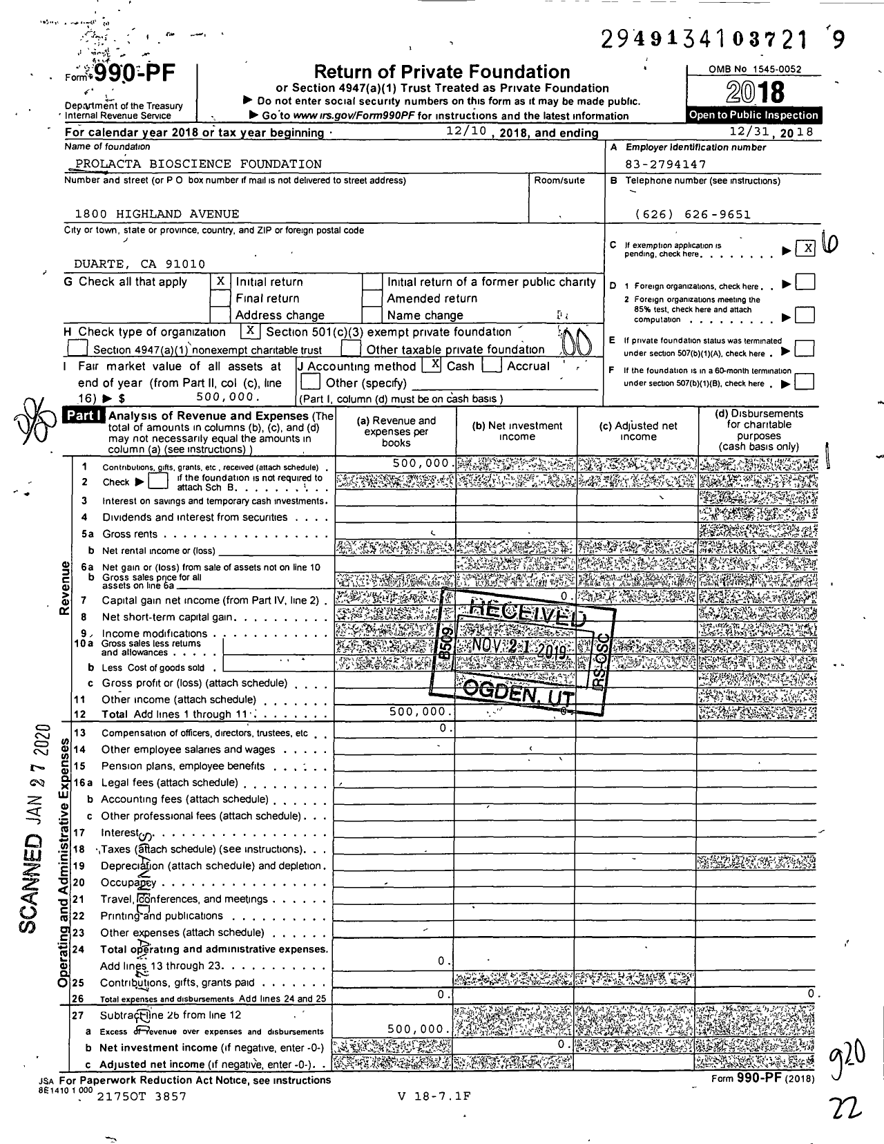 Image of first page of 2018 Form 990PF for Prolacta Bioscience Foundation