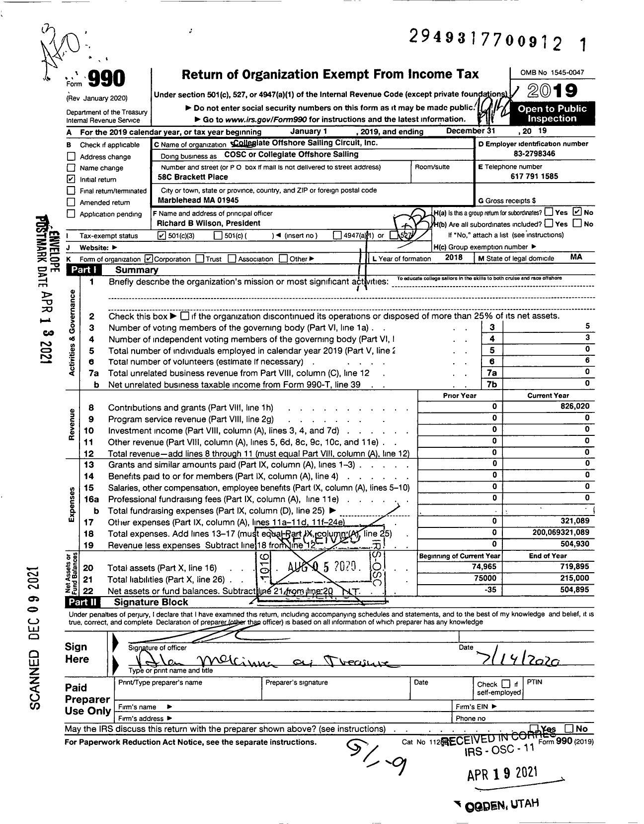 Image of first page of 2019 Form 990 for Collegiate Offshore Sailing Circuit (COSC)