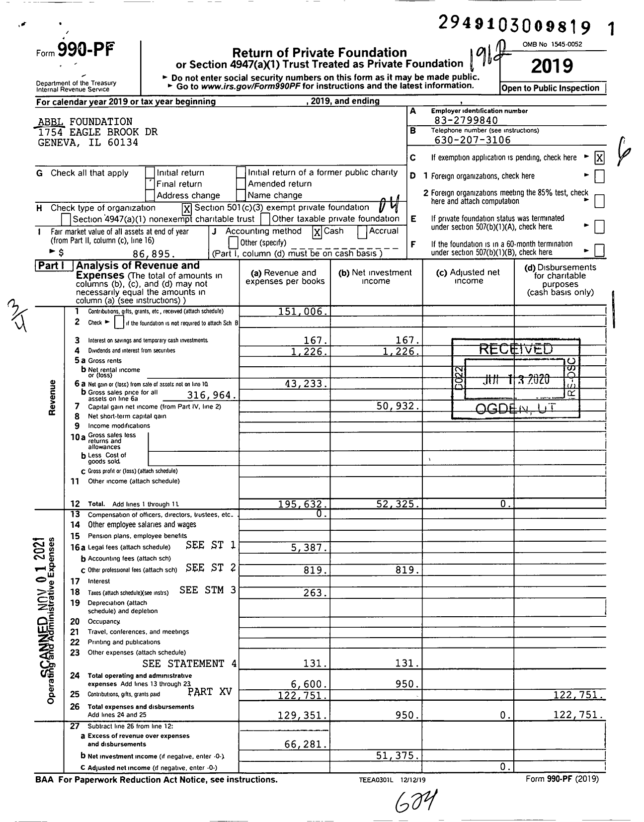 Image of first page of 2019 Form 990PF for Abbl Foundation