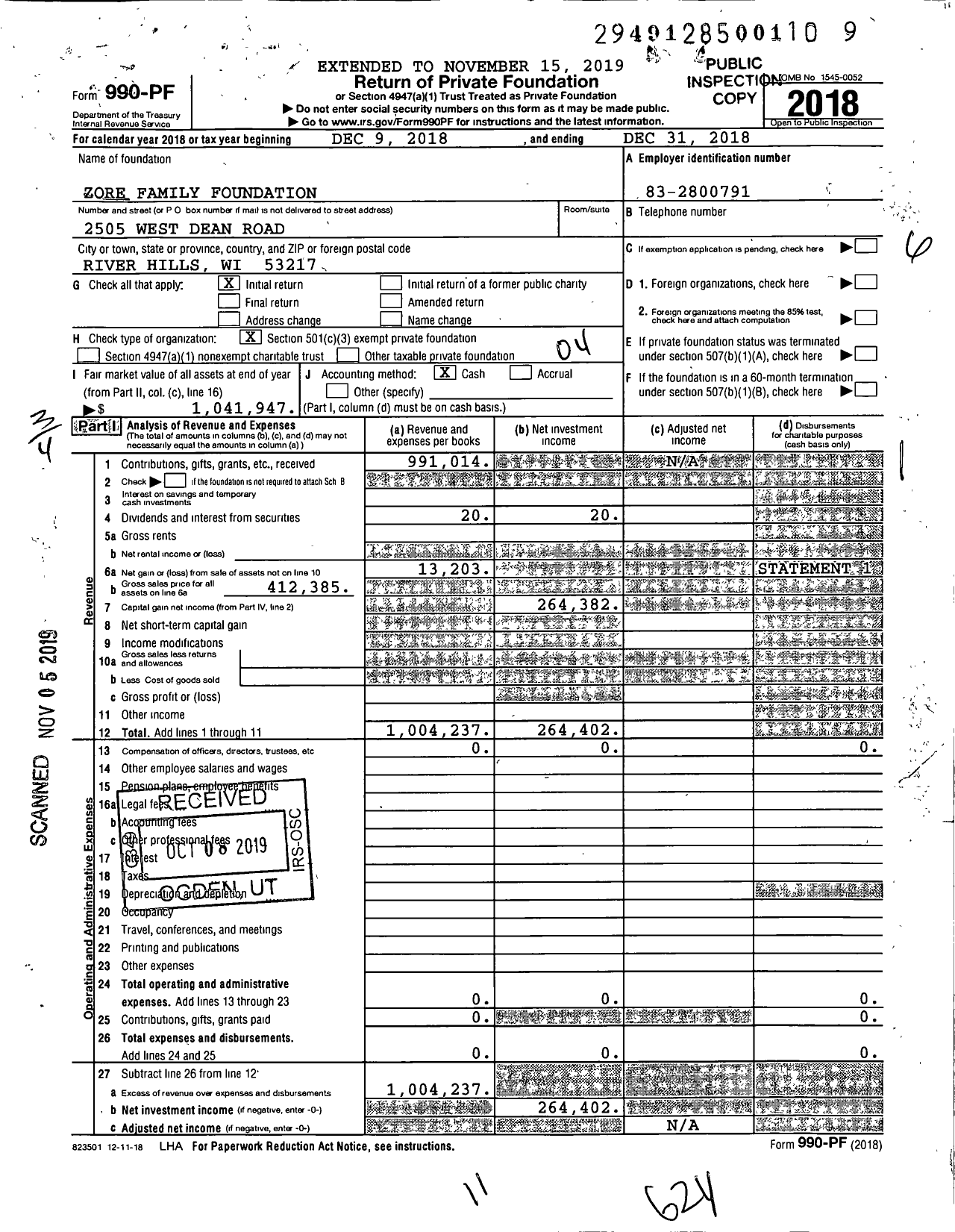Image of first page of 2018 Form 990PF for Zore Family Foundation