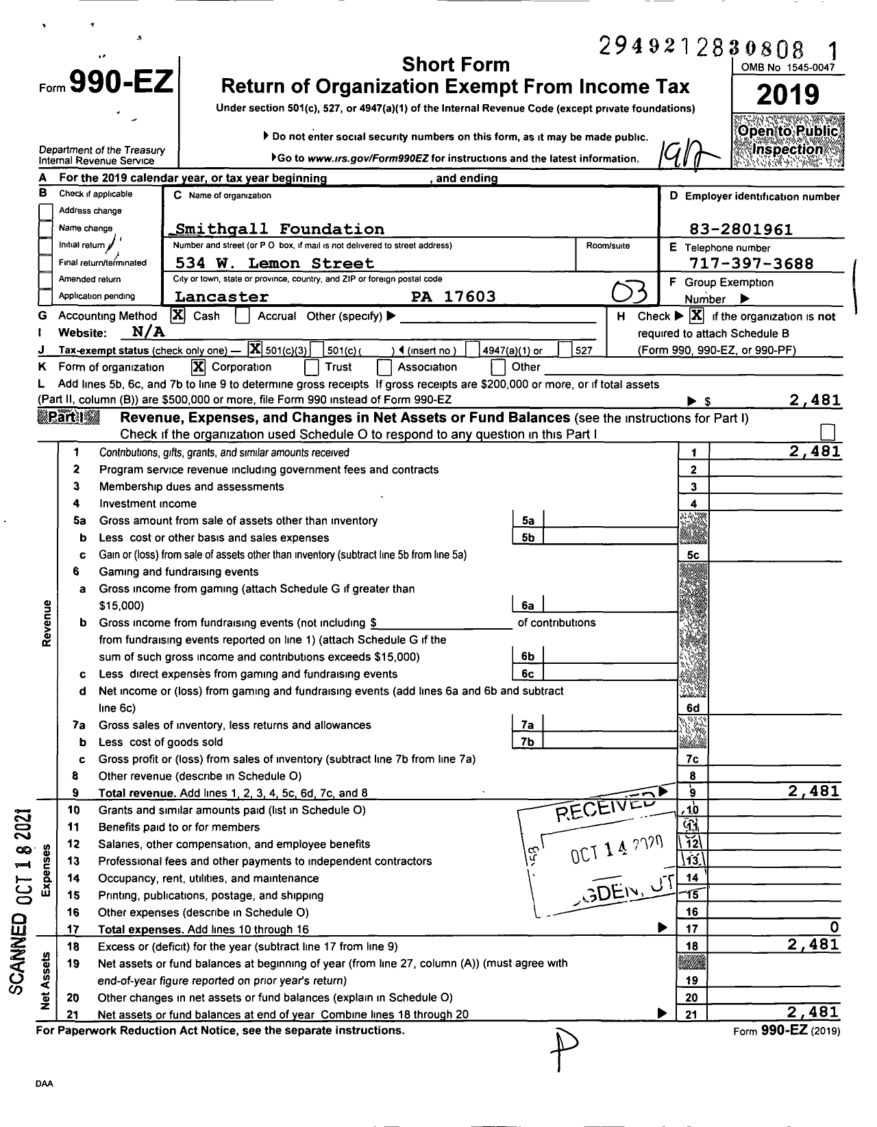 Image of first page of 2019 Form 990EZ for Smithgall Foundation