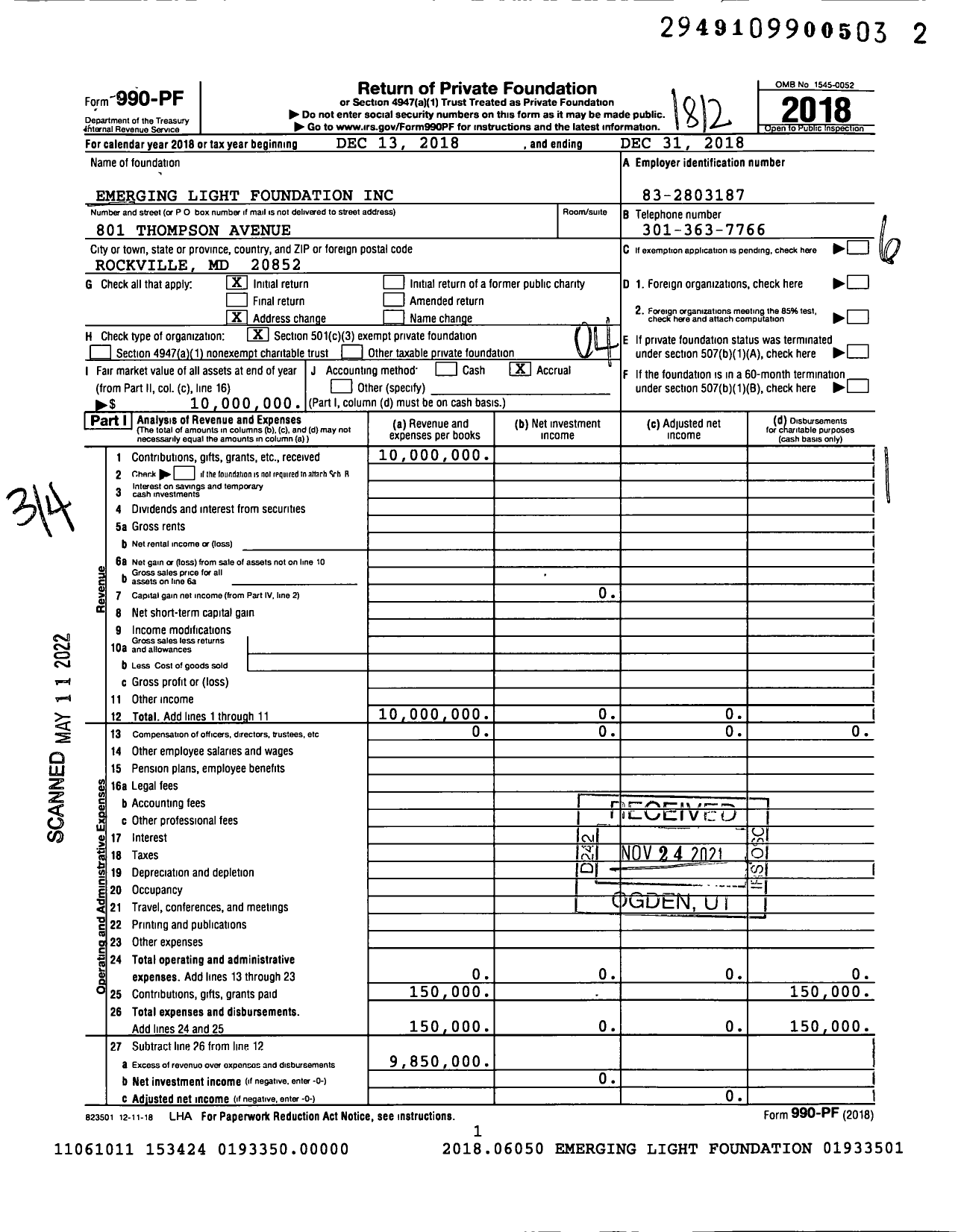 Image of first page of 2018 Form 990PF for Emerging Light Foundation