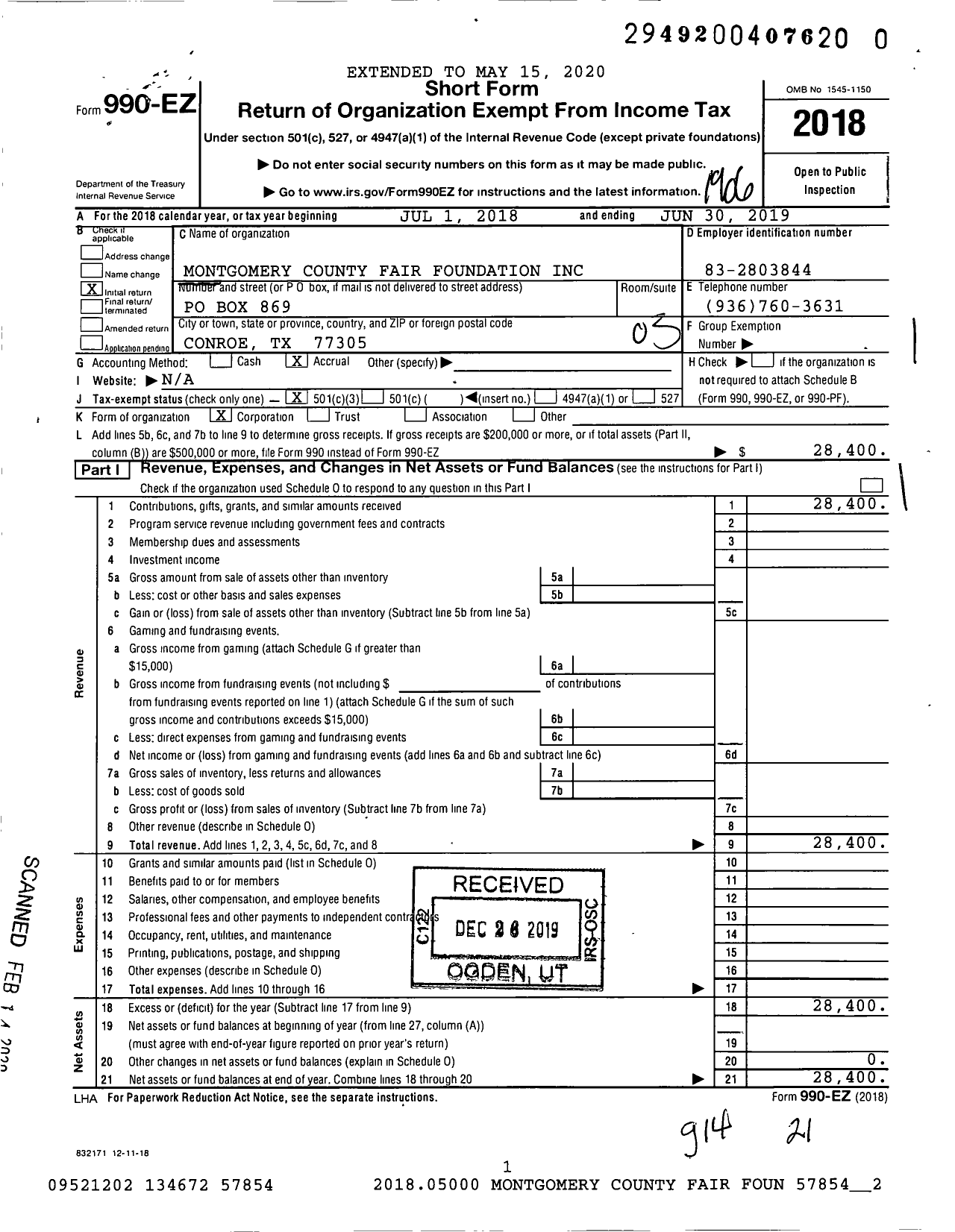 Image of first page of 2018 Form 990EZ for Montgomery County Fair Foundation