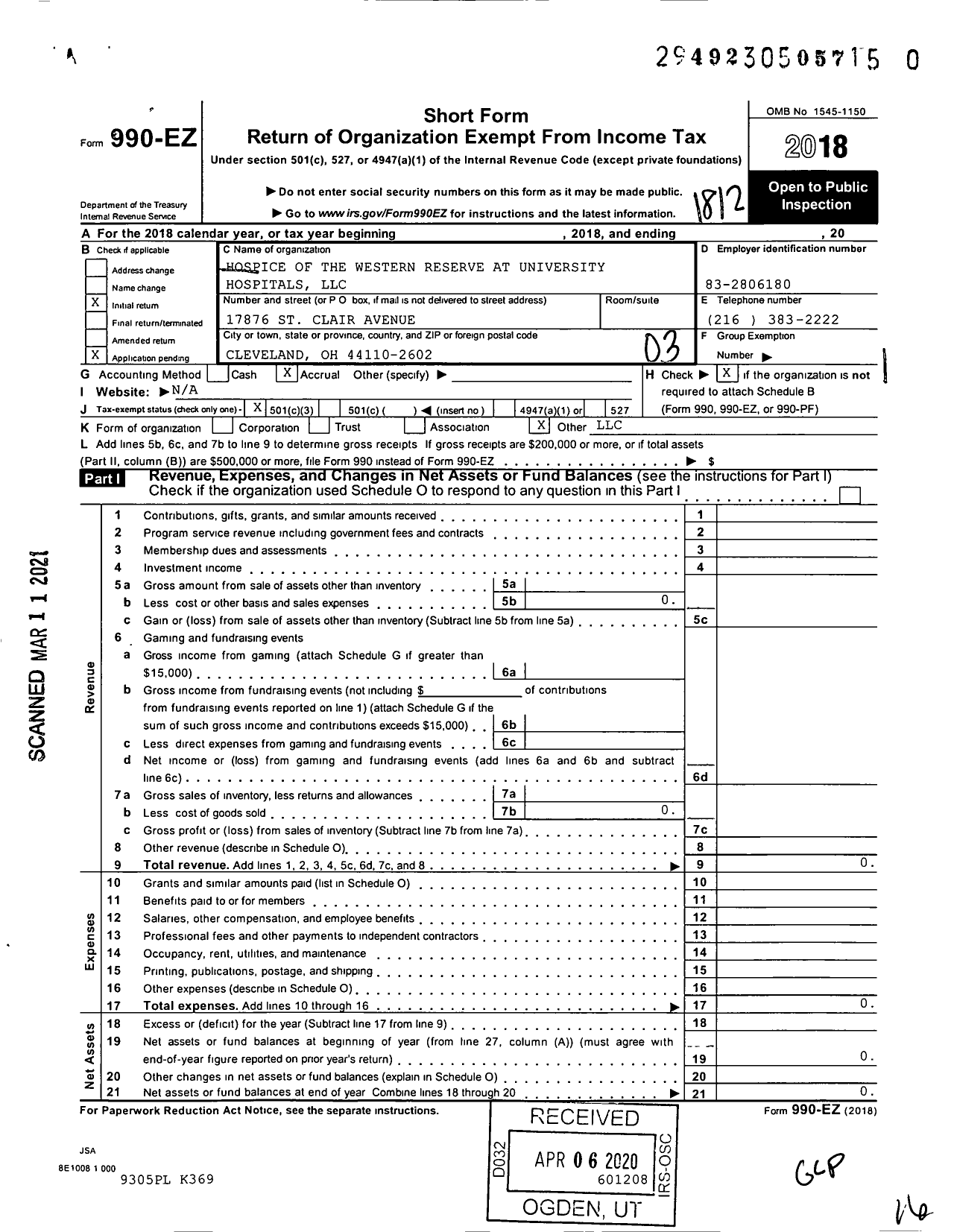 Image of first page of 2018 Form 990EZ for Hospice of the Western Reserve at University Hospitals LLC