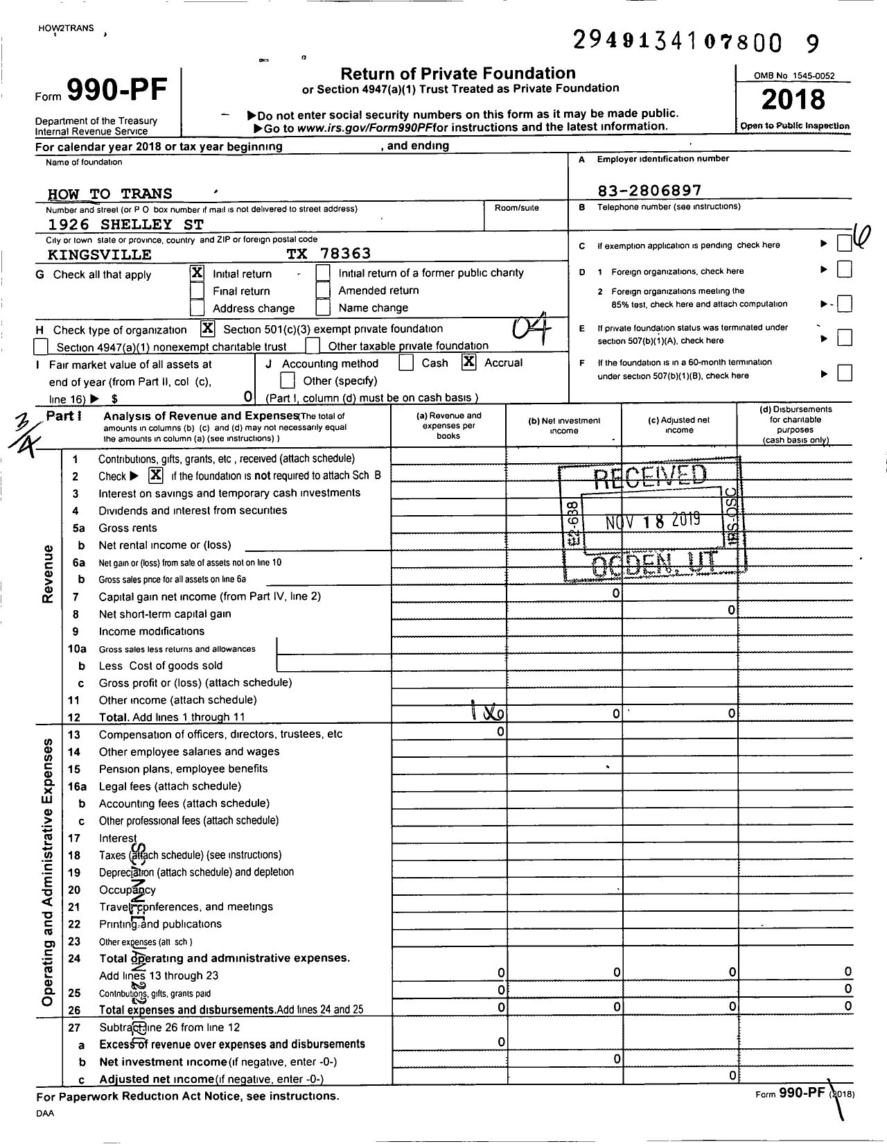 Image of first page of 2018 Form 990PF for How To Trans