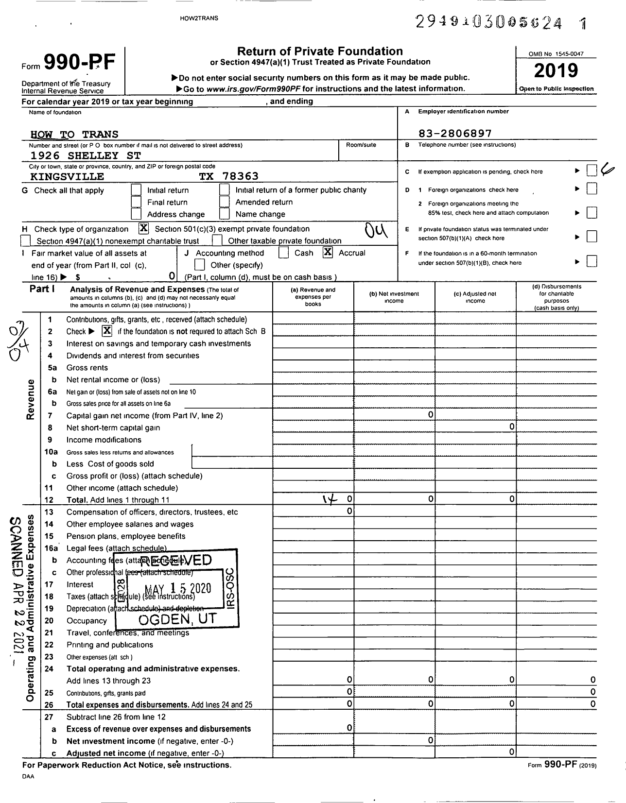 Image of first page of 2019 Form 990PF for How To Trans