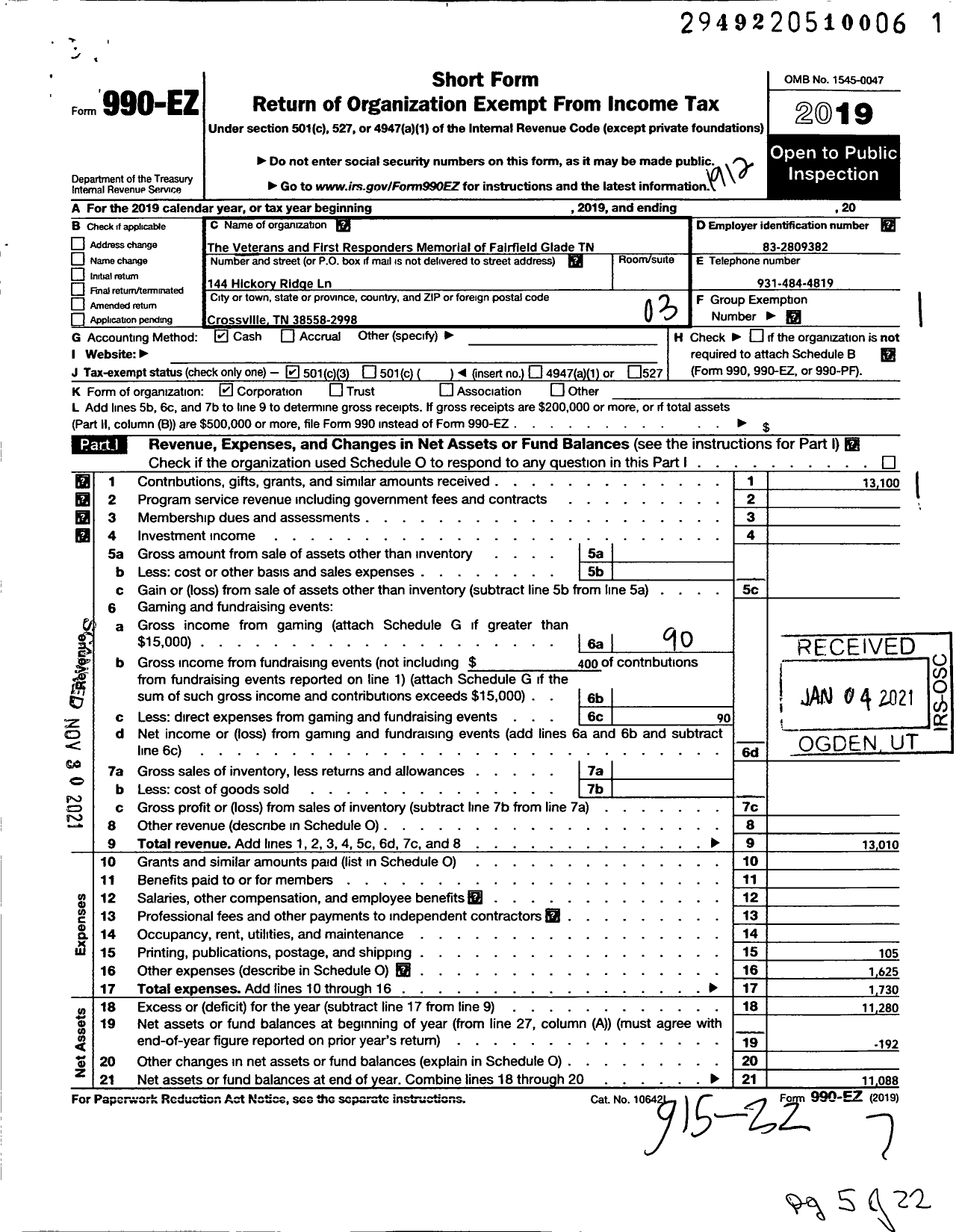 Image of first page of 2019 Form 990EZ for Veterans Memorial and First Responders Memorial of Fairfield G