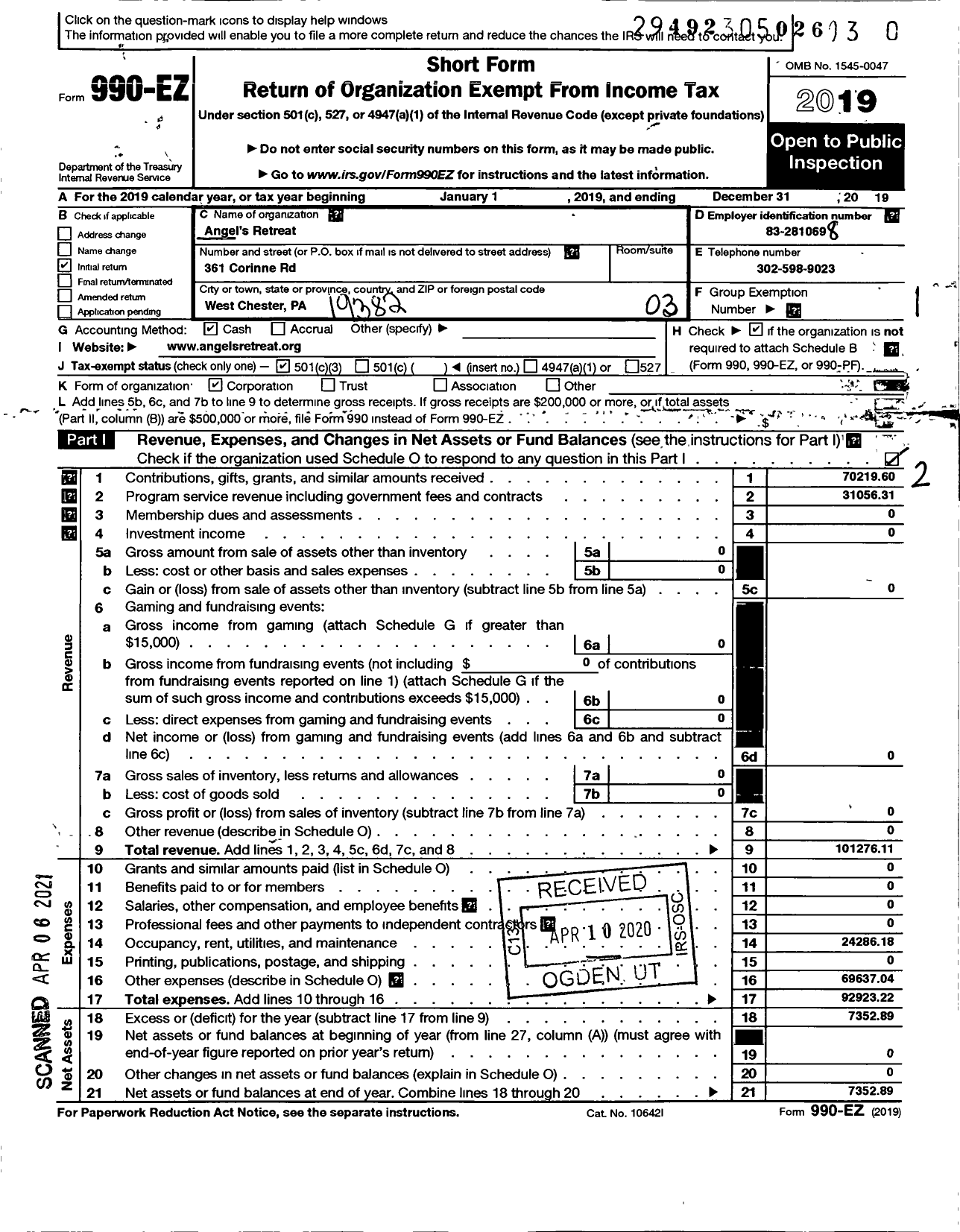 Image of first page of 2019 Form 990EZ for Angels Retreat