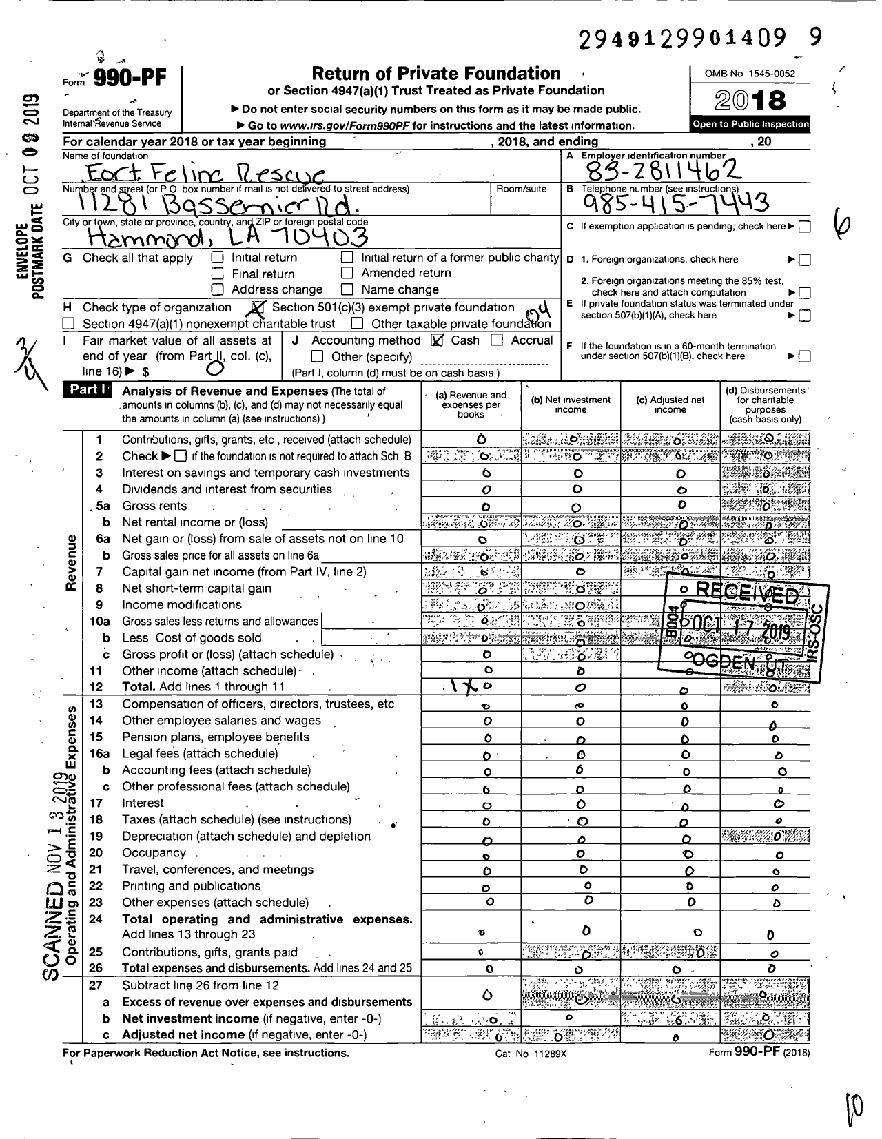 Image of first page of 2018 Form 990PF for Fort Feline Rescue